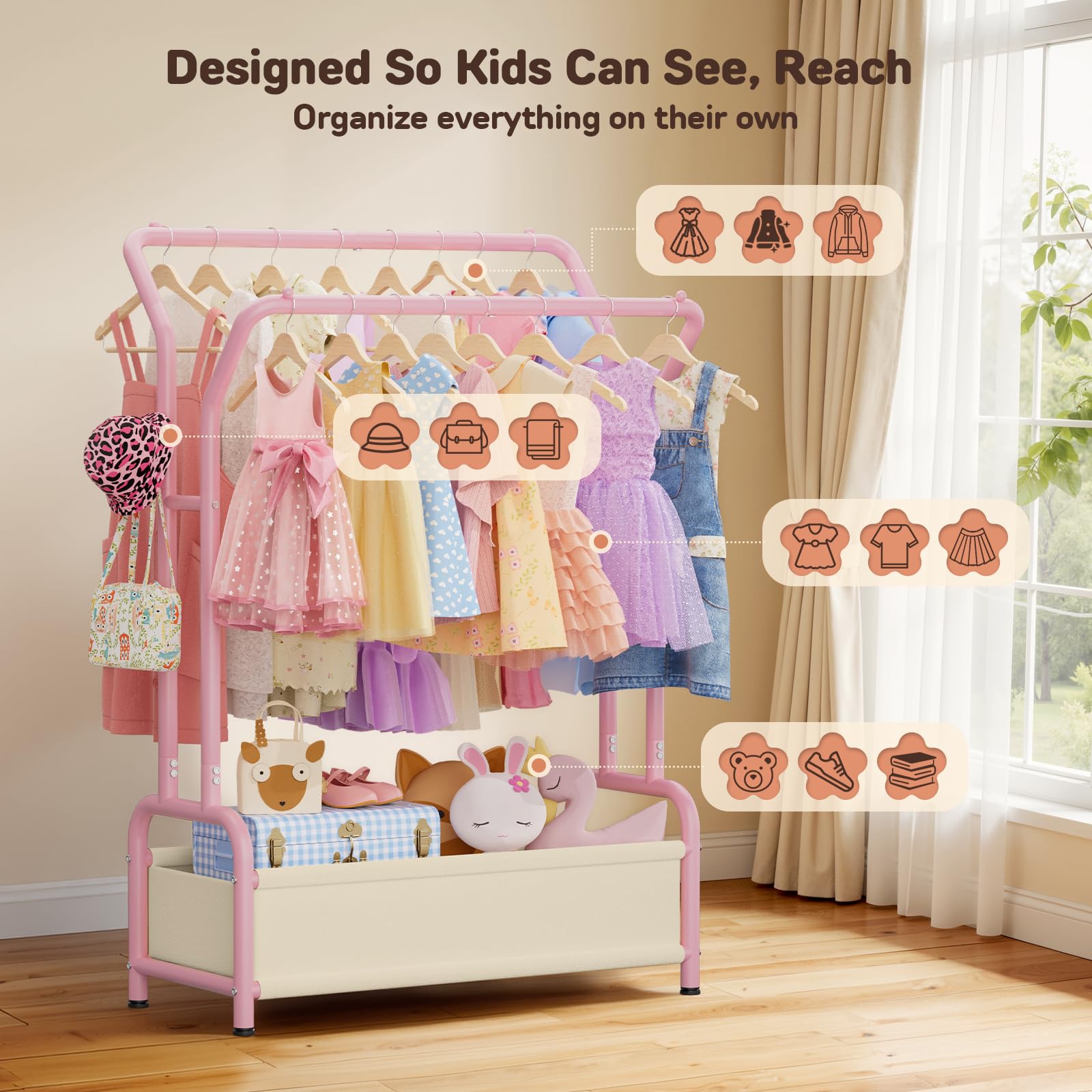 Portant à vêtements pour enfants avec double tringle et panier de rangement : espace de rangement amélioré – Présentoir en métal – Portant à vêtements pour bébés, armoire pour enfants