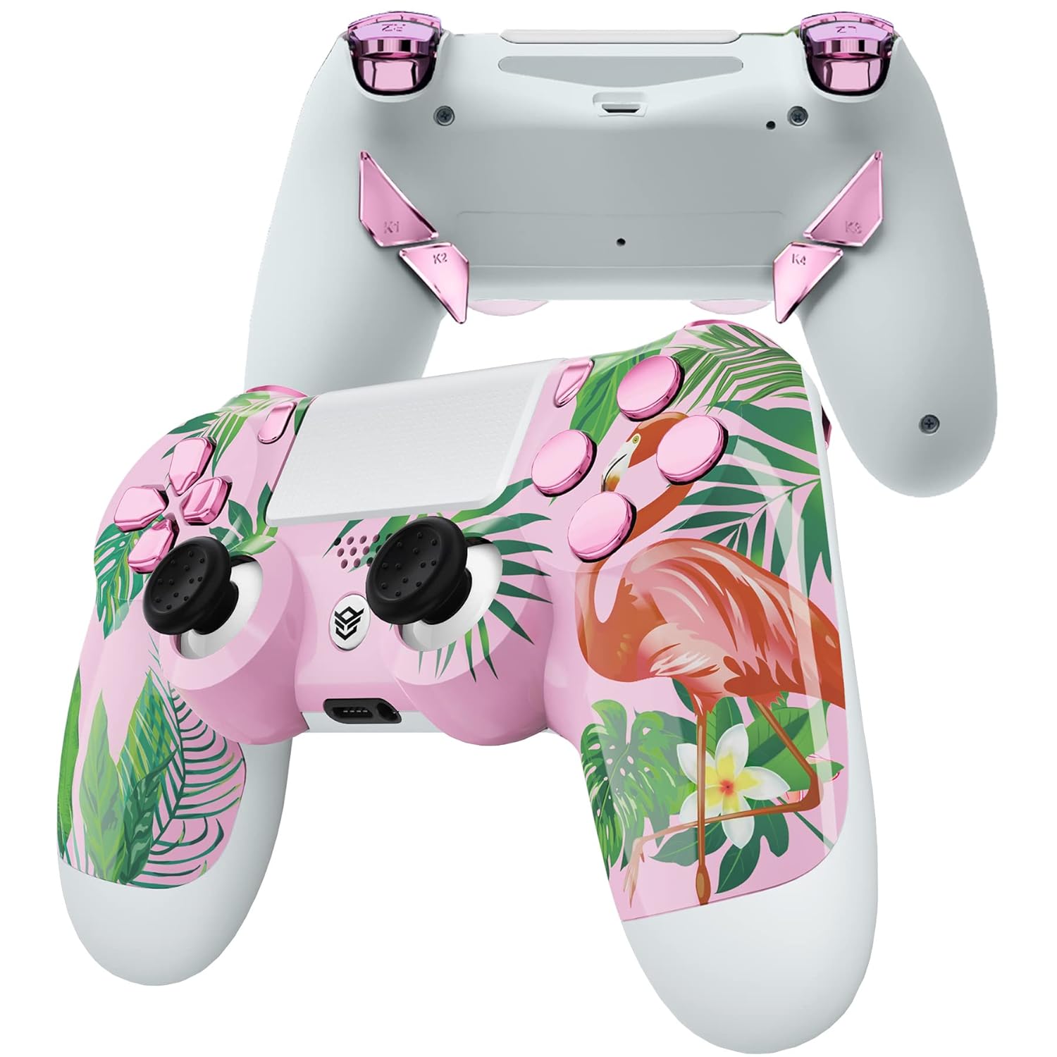 HexGaming HEX Edge Controller 4 Mappable Back Buttons & Replaceable Thumbsticks & Hair Trigger Compatible with ps4 Controller Customized Game Controller PC Wireless FPS Gamepad – Tropical Flamingo