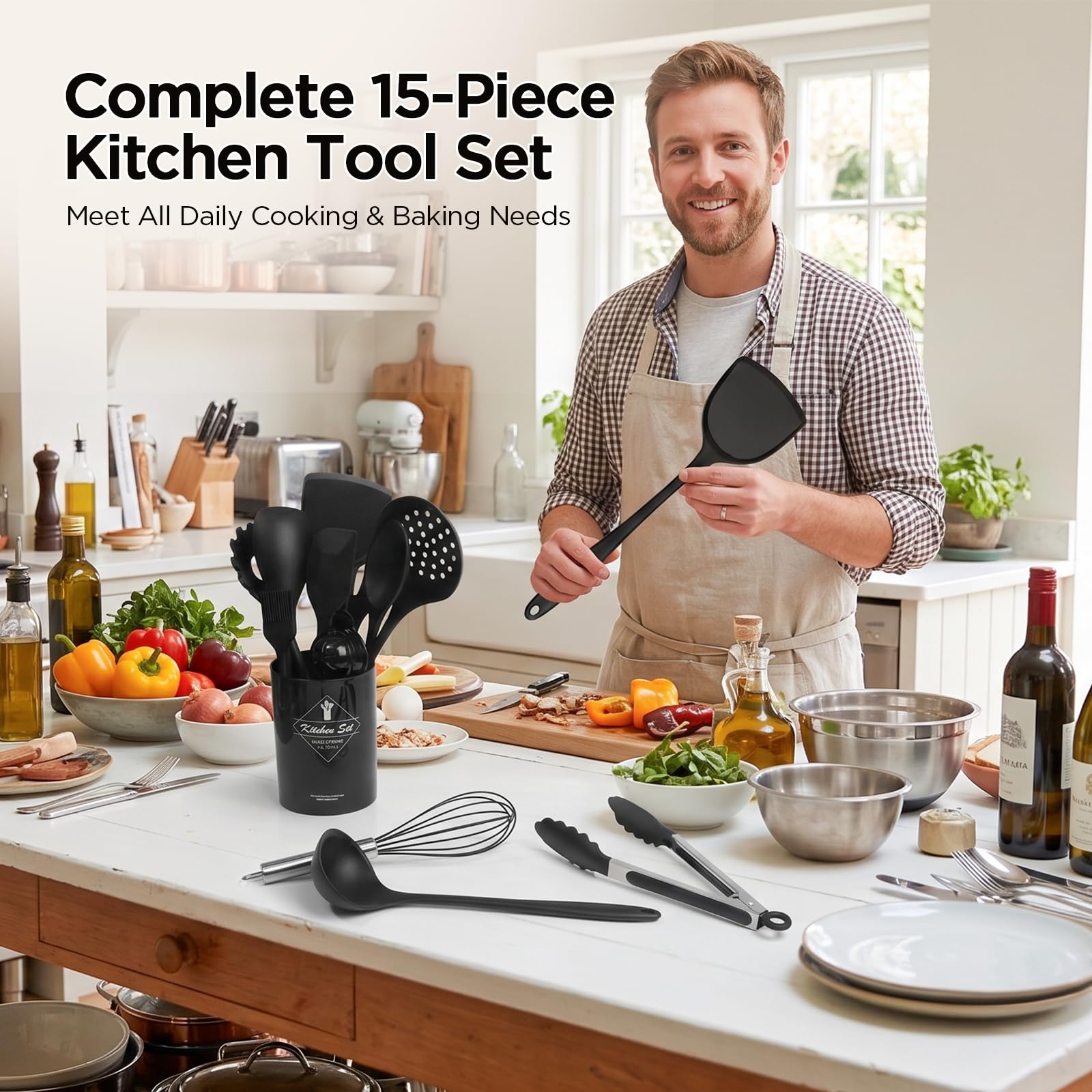 AiQInu 15 Pezzi Set utensili Cucina Silicone, Set Utensili Cucina in Silicone Alimentare & Acciaio Inossidabile con Secchio di Rangement, Resistenti al Calore e Antiaderenti Set Mestoli