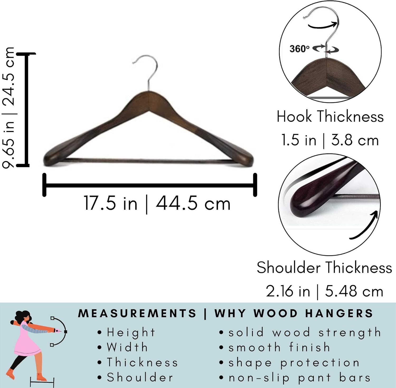 Closet Spice - 6 Pack - Extra Wide Shoulder Solid Wooden Hanger with Non Slip Pants Bar, Smooth Finish, Suit/Coat Hanger, 360° Chrome Swivel Hook, for Heavy Jackets, Dress Clothes Hangers (Retro)