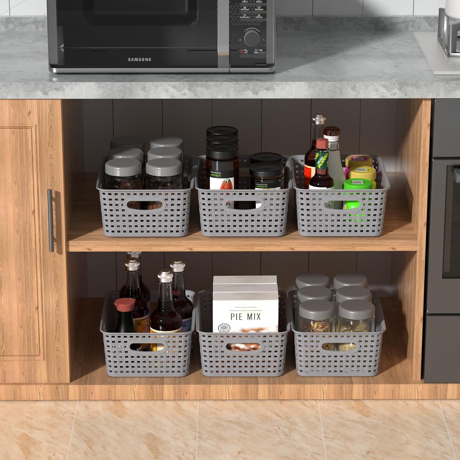 6-Pack Plastic Woven Baskets, Storage Basket | For Organizer Shelf, Pantry, Desktop, Gray