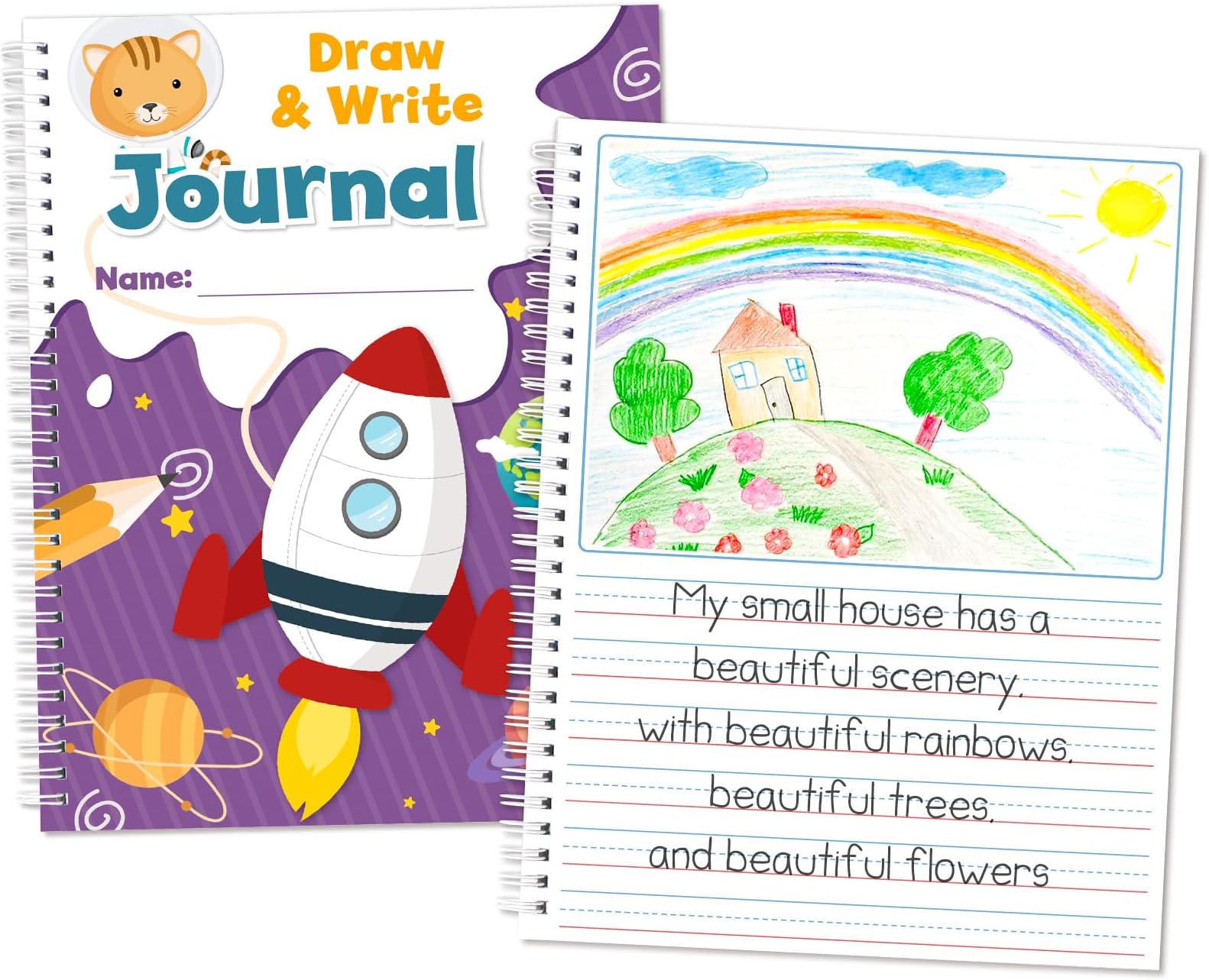 Auchq Draw and Write Journal for Kids, 60 Composition Notebook Paper with Half Page Lined and Drawing Space, Sizes 10.5x8 inches, Great for Handwriting practice.