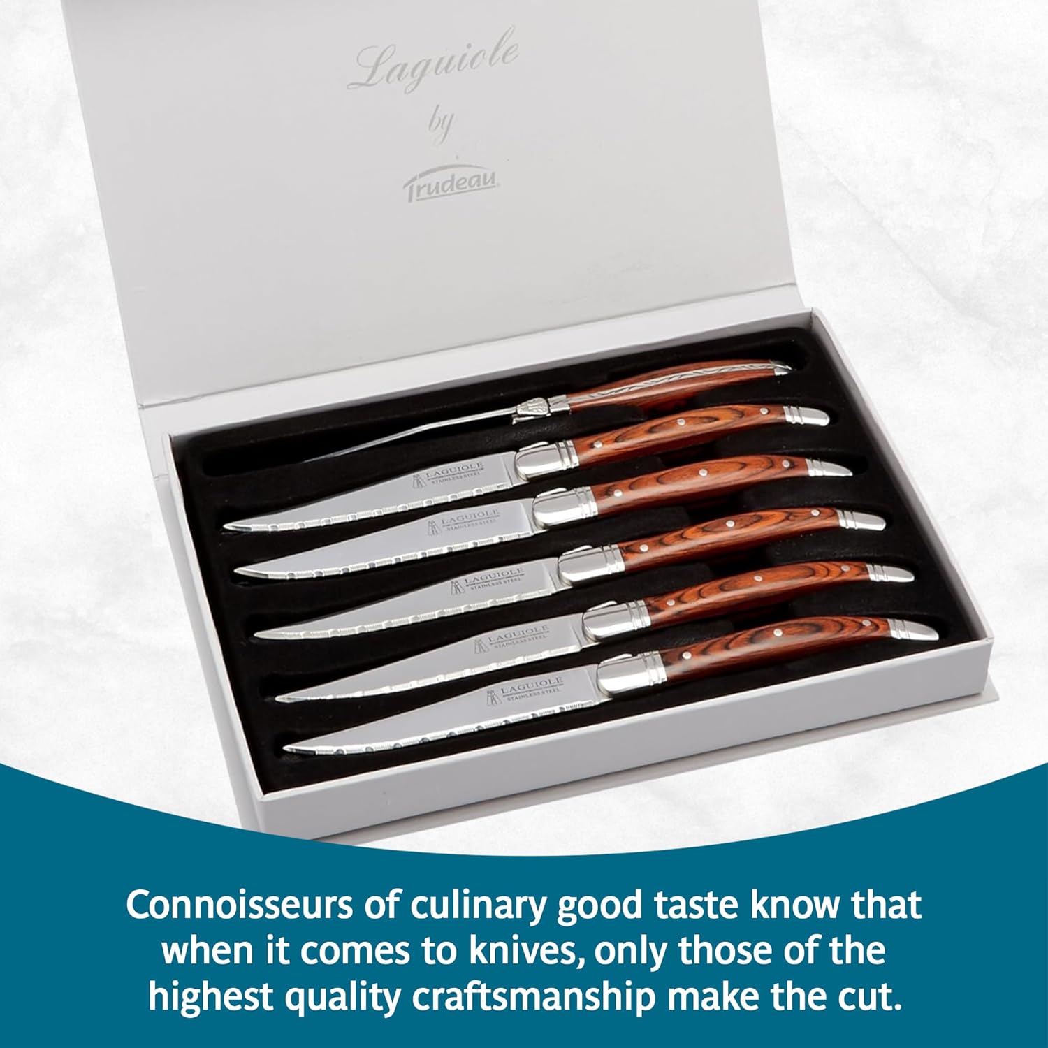 Trudeau Laguiole Steak Knives Set of 6 – Premium Stainless Steel Serrated Blades with Pakkawood Handles – Dishwasher Safe Steak Knife Set for Dinner, BBQ, or Gifting – Rustic Elegant Design