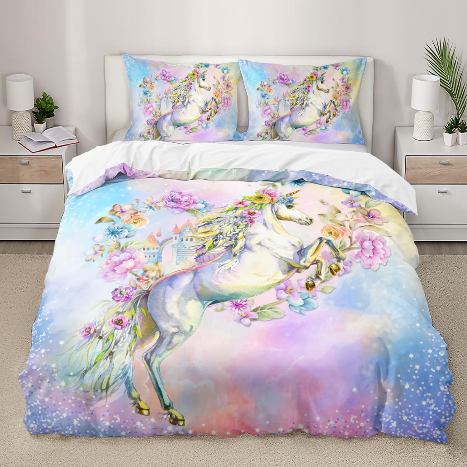 HOTRCR3D Printed Unicorn Bed Linen, Colourful Bed Linen Set, Suitable for Children/Girls/Adults, Bed Linen, 135 x 200 cm, 80 x 80 cm x 1 EEBTTAH020
