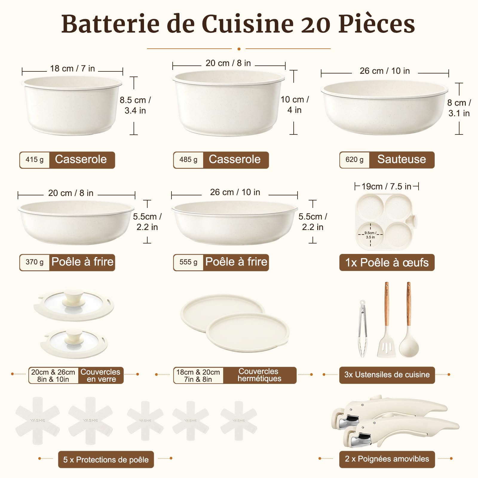 YASHE Batterie de cuisine 20 pièces, non toxique, sans PTFE ni PFAS | Batterie de Cuisine avec Poignée Amovible, Casseroles Empilables pour Induction, Gain de Place pour Camping-Car, Sans PFOA
