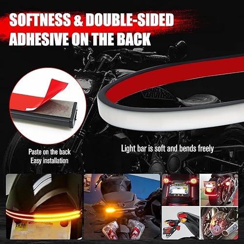 Miniatura 6 de 2 tiras de luz trasera LED de 11.8 pulgadas para motocicleta, DRLsluz de freno blanca y luz de señal de giro ámbar 3 en 1 tira flexible LED para