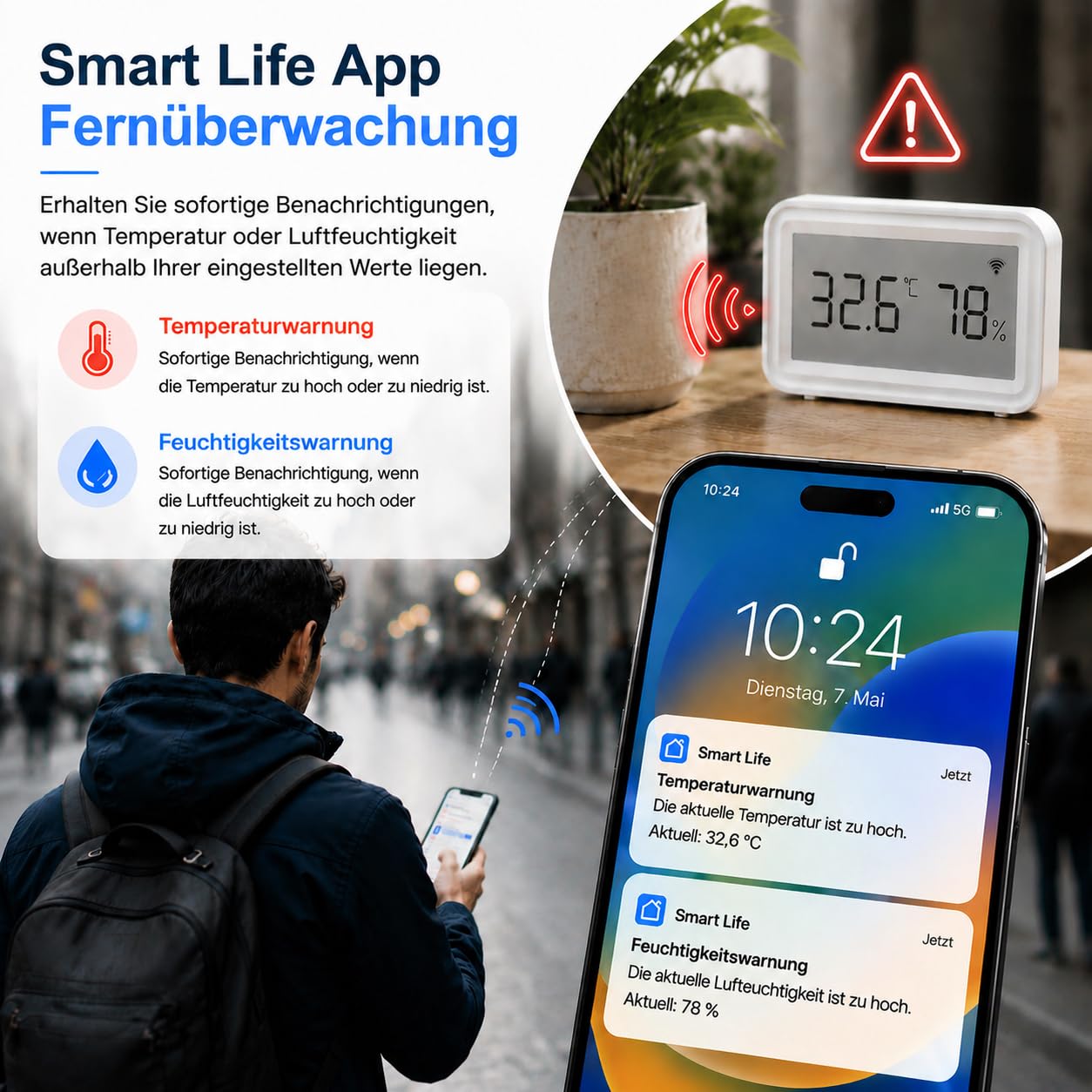WLAN Temperatur-Feuchtigkeitssensor: Kabelloser Hygrometer-Thermometer mit LCD-Display, App-Benachrichtigung, Datenspeicherung & Export, kalibrierbar, Digitale Überwachung für zu Hause -4Stück