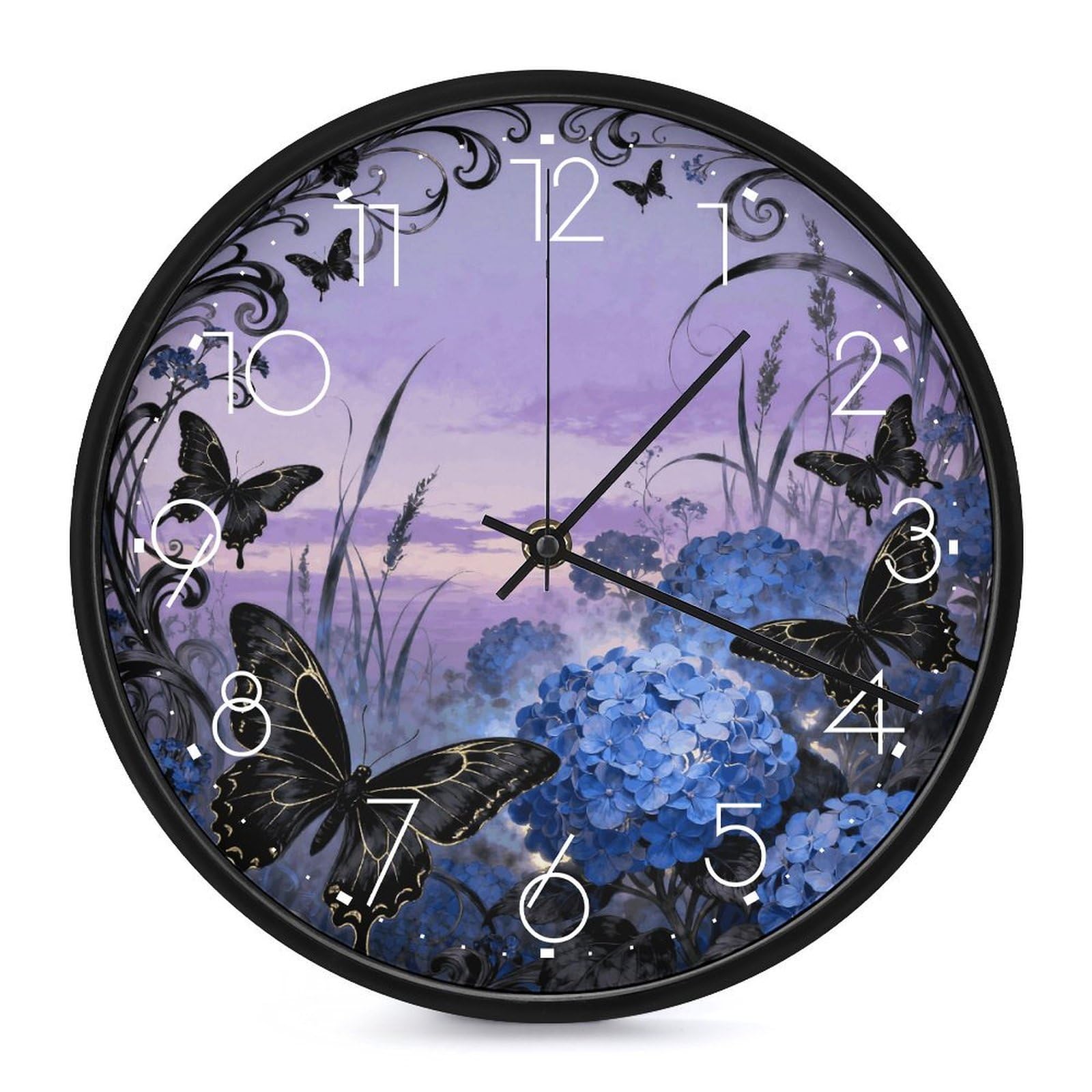 DWVTSLH Swallowtail Hydrangea Wall Clock 10 Inch Silent Non-Ticking Modern Clocks Battery Operated - Decorative Wall Clocks for Bedroom Living Room Kitchen Office Wall Decor Gift Idea