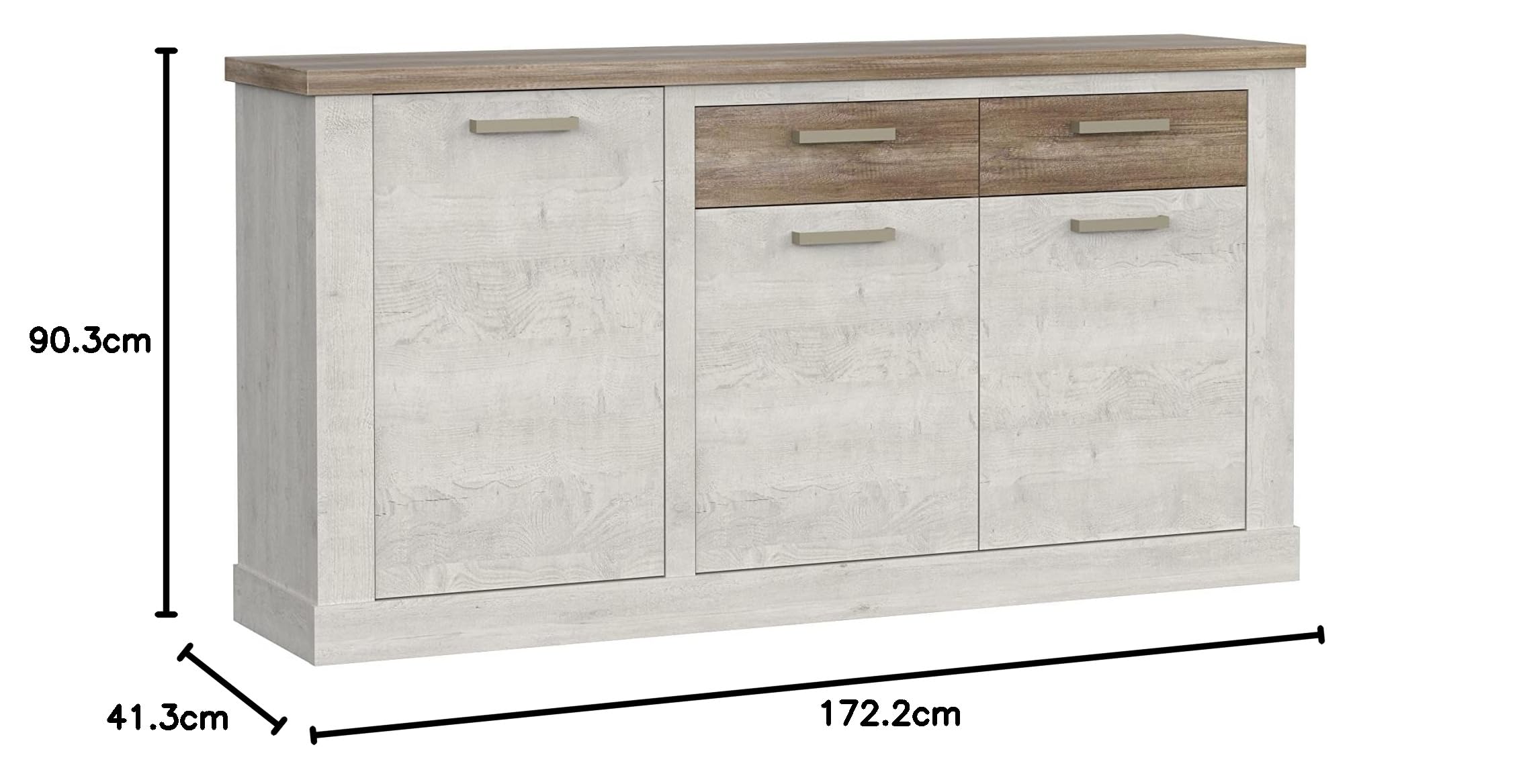 Forte DURO Kommode mit 3 Türen und 2 Schubkösten, Holzwerkstoff, Pnie Weiß /Antikeiche, 173,9 x 90,3 x 41,3 cm