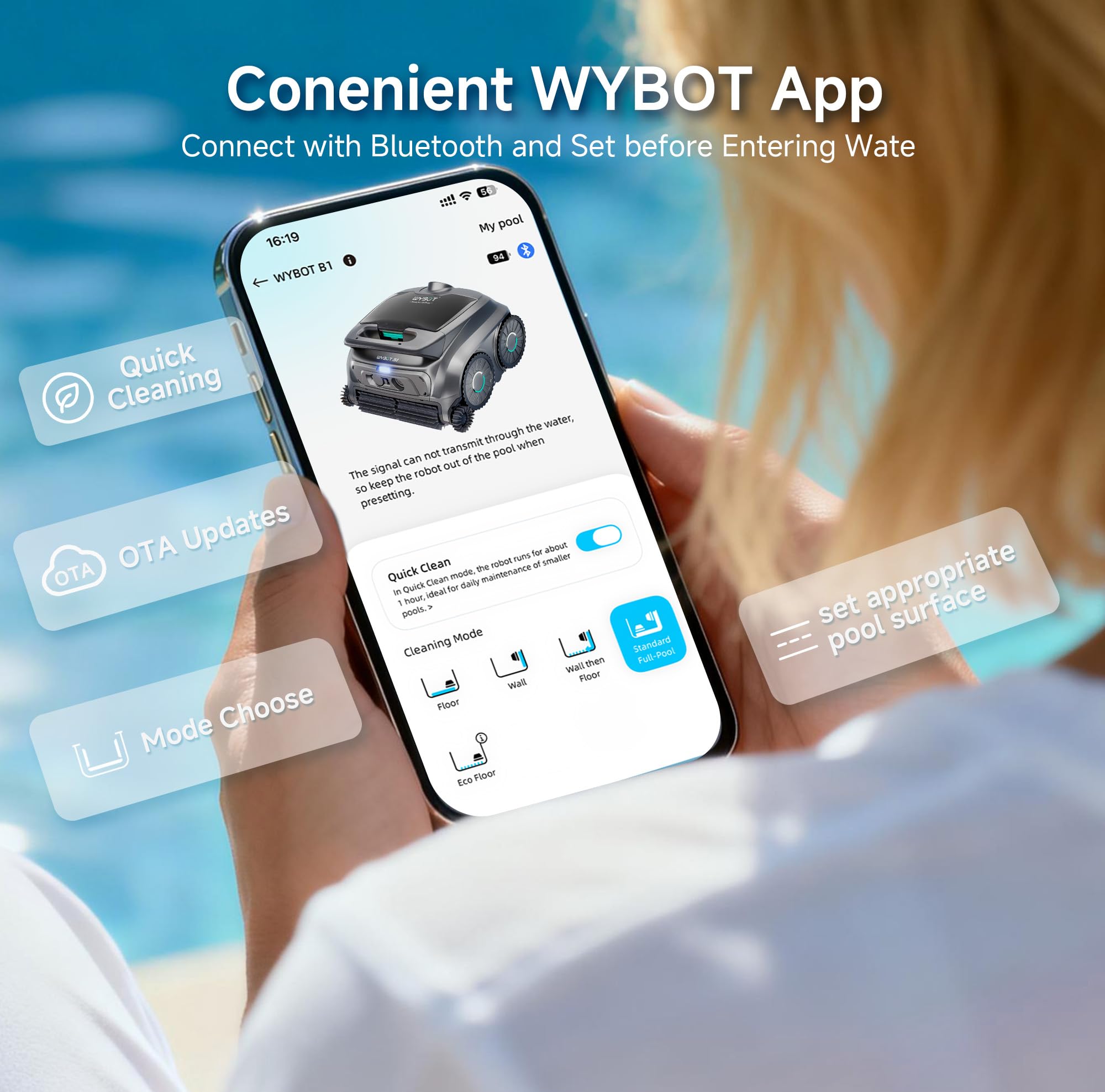 WYBOT B1 Robot de Piscina inalámbrico para Piscinas pequeñas, Robot de Limpieza Inteligente Ligero con Control de aplicación, Cubierta de Pared y Suelo, Dos cepillos Laterales, Gris-Verde