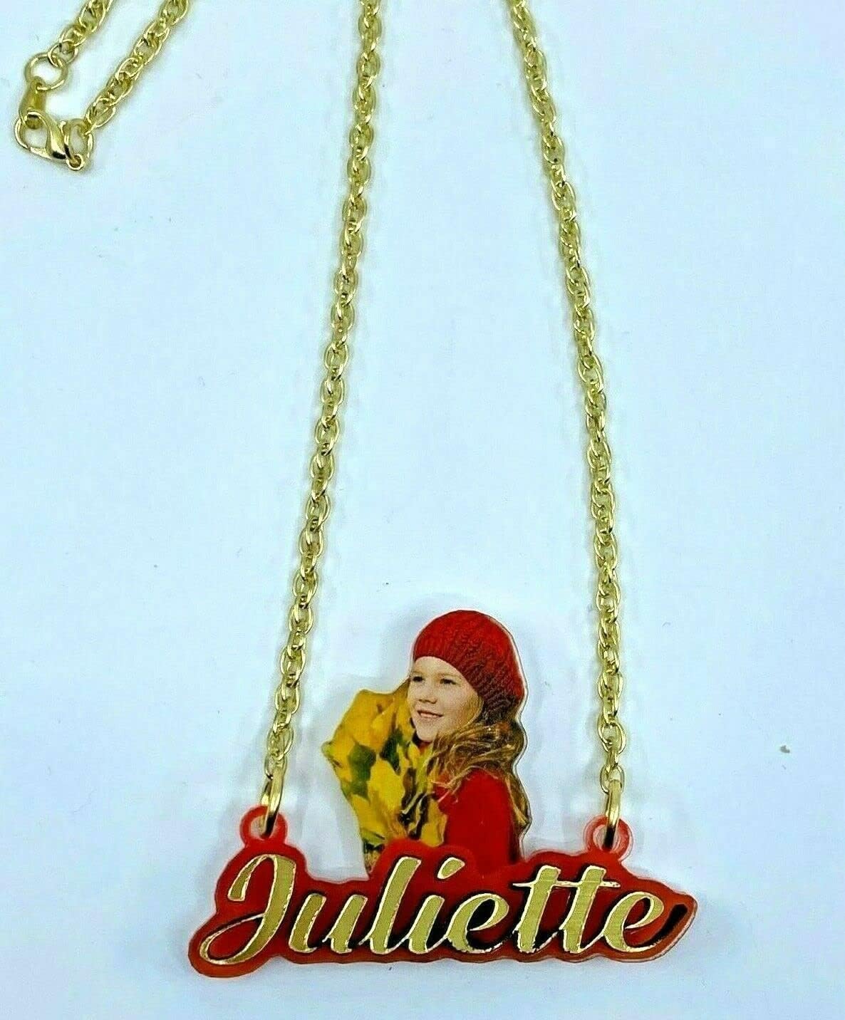MIRROR MANIA Your Custom Picture Photo UV Printed on Premium Clear Acrylic Nameplate Necklace Pendant Personalized Free Laser Cut Any Name With Silver or Gold Choice Chain- WOW!