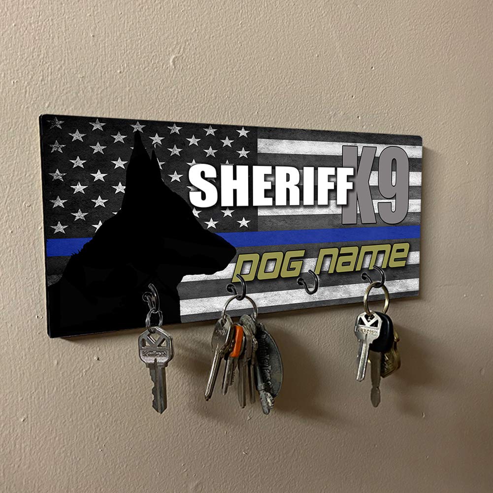 Brotherhood Thin Blue Line American Flag Personalized Sheriff K9 Dog Name Key Holder Organizer Wall Mount Rack for Holders The Home Keys Ring Decorative Hangers Decor Hook Hanger