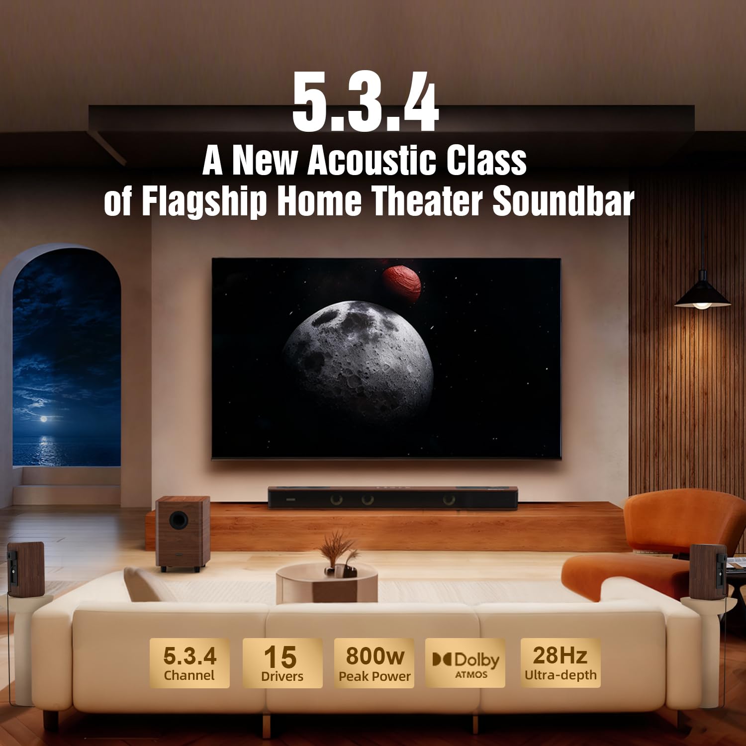 Flagship 5.3.4 - Sistema audio surround con Dolby Atmos, soundbar con 2 surround wireless, tecnologia BassCoupling da 28 Hz, soundbar home theater da 800 W per Smart TV w/eARC, BT 5.4