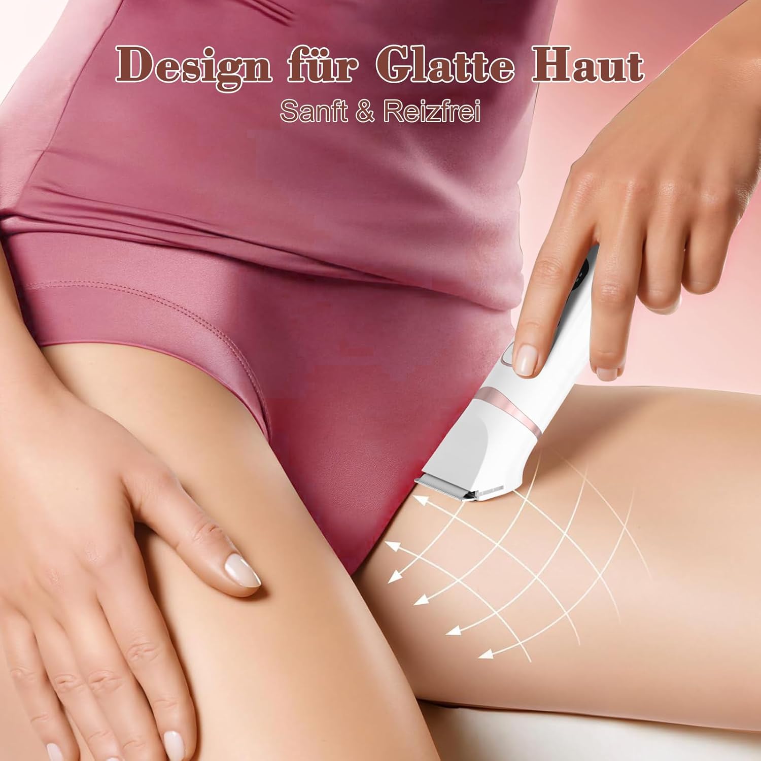 Woman using the MAXGROOM bikini trimmer on her bikini line