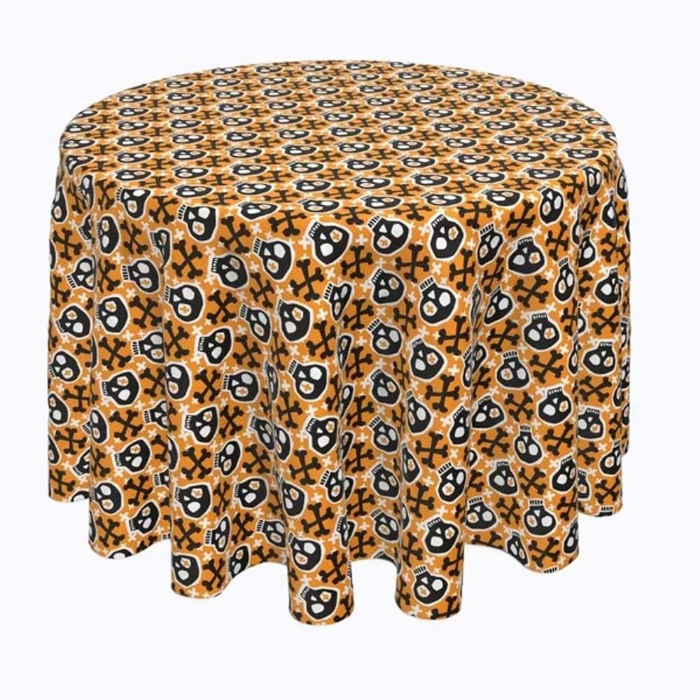 Halloween Table Runner Round Cloth | Fall Geometric Spooky Skulls & Bones Pattern ,Wrinkle & Stain Resistant | Lightweight Picnic Home Party | Waterproof Washable Size:70" L x70 W, Orange Black