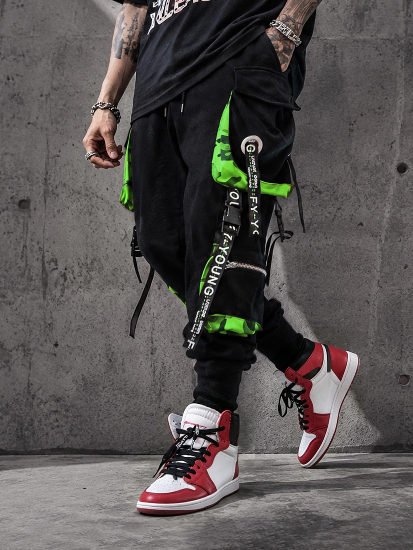 Hello MrLin Jogginghose für Herren, Punk, Cargohose, Baggy, Techwear, Hip-Hop, Haremshose, Streetwear, Taktische Trainingshose, schwarz und grün, Klein