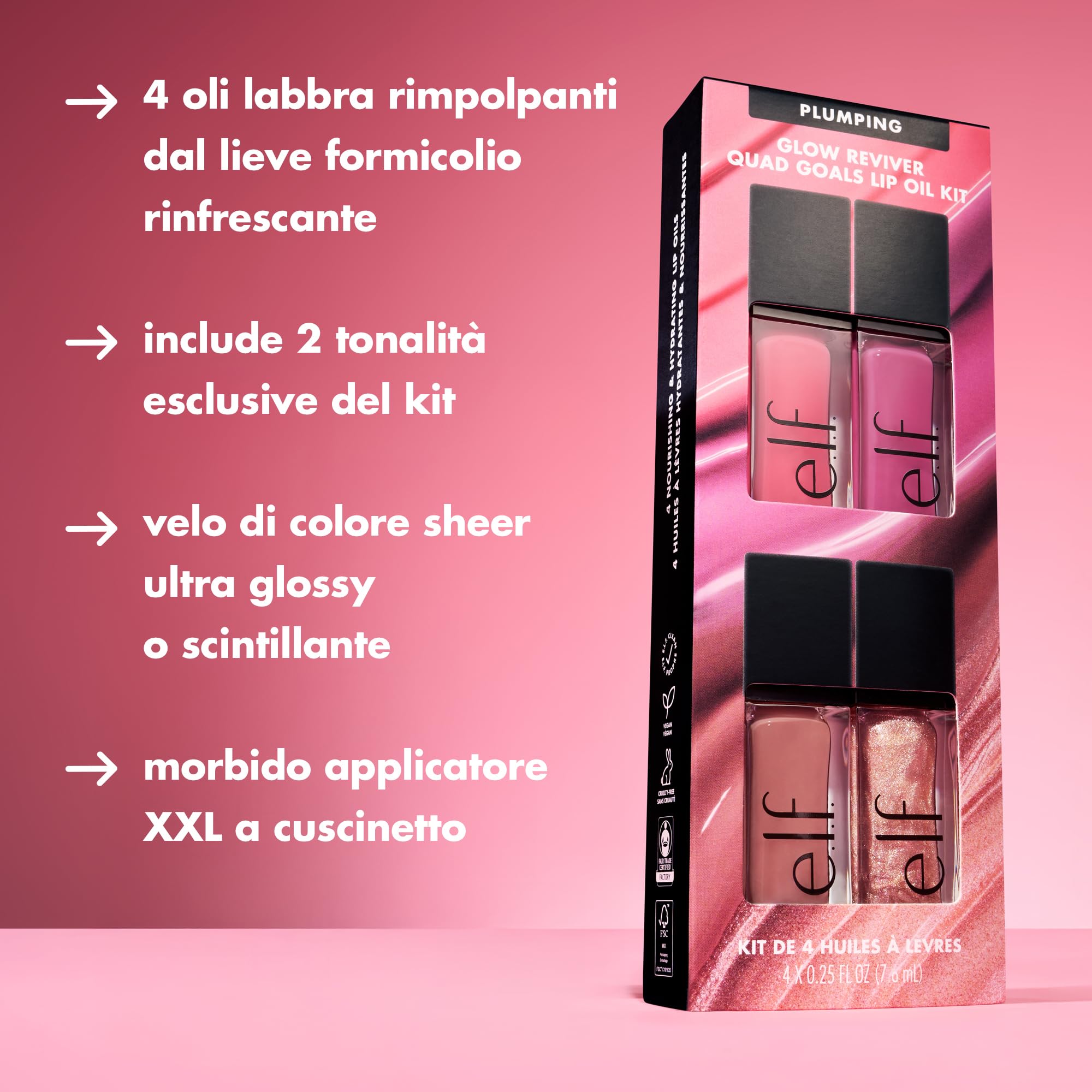 Glow Reviver Plumping Lip Oil, olio labbra nutriente colorato per un finish super lucido, infuso con olio di jojoba, prodotto vegano e non testato sugli animali, 4 tonalità