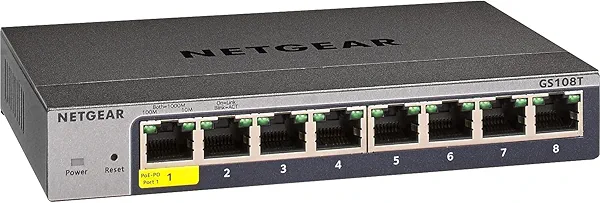 NETGEAR 8-Port Gigabit Ethernet Smart Switch (GS108T) - Managed, with 1 x PD Port, Optional Insight Cloud Management, Desktop or Wall Mount, Silent Operation, and Limited Lifetime Protection
