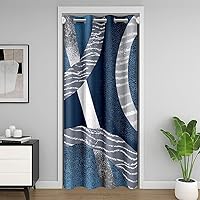 Vista 34 de Cortina de puerta con diseño de remolinos azules, negros y blancos, 1 panel de 34 pulgadas de ancho x 80 pulgadas de largo, cortinas opacas