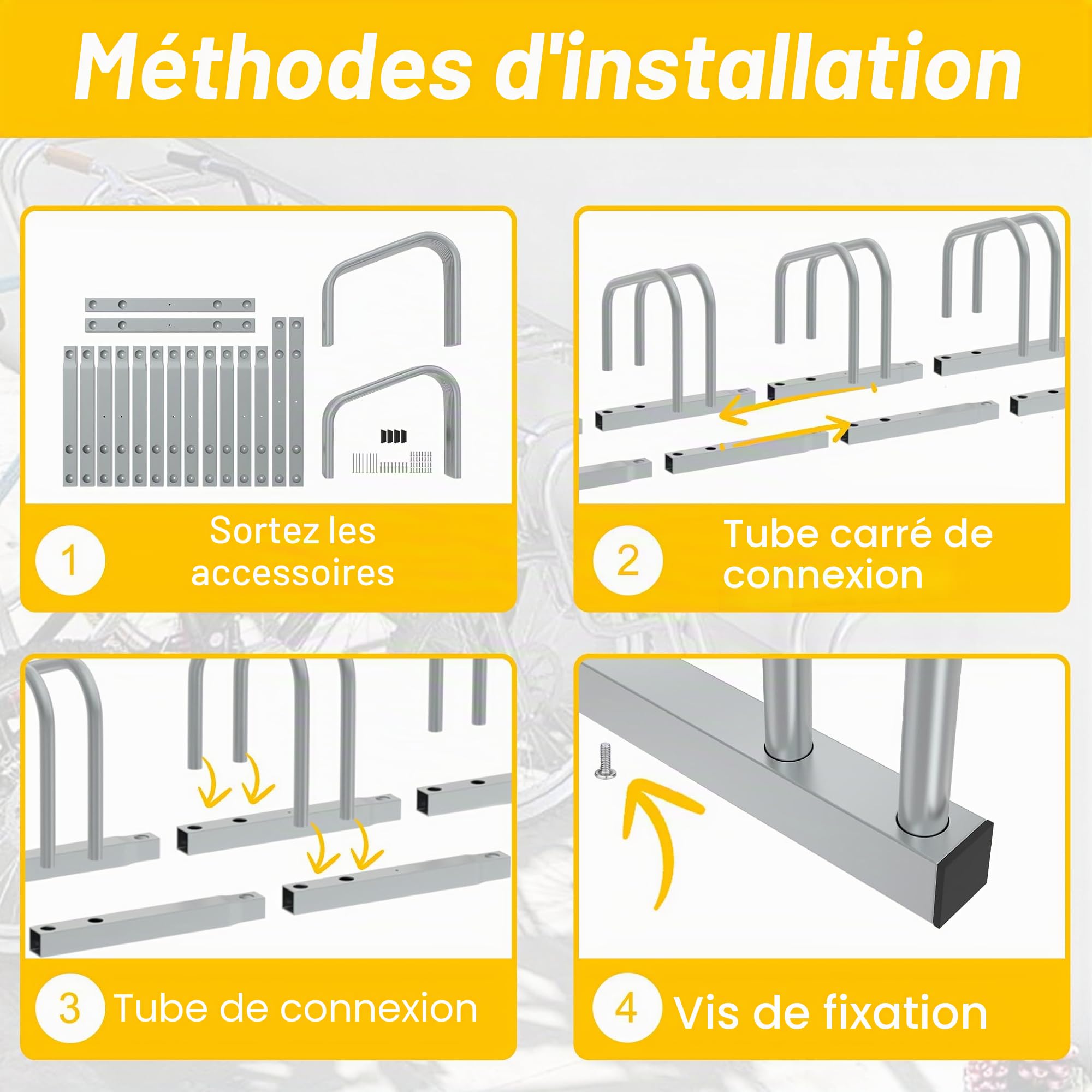 FIVMEN Porte-vélos pour 8 vélos Support de vélo Support à poser au sol et au mur Distance entre les roues de 37 cm Galvanisé Support multiple pour largeur de pneu de 30-65 mm VTT Vélo de course VTT
