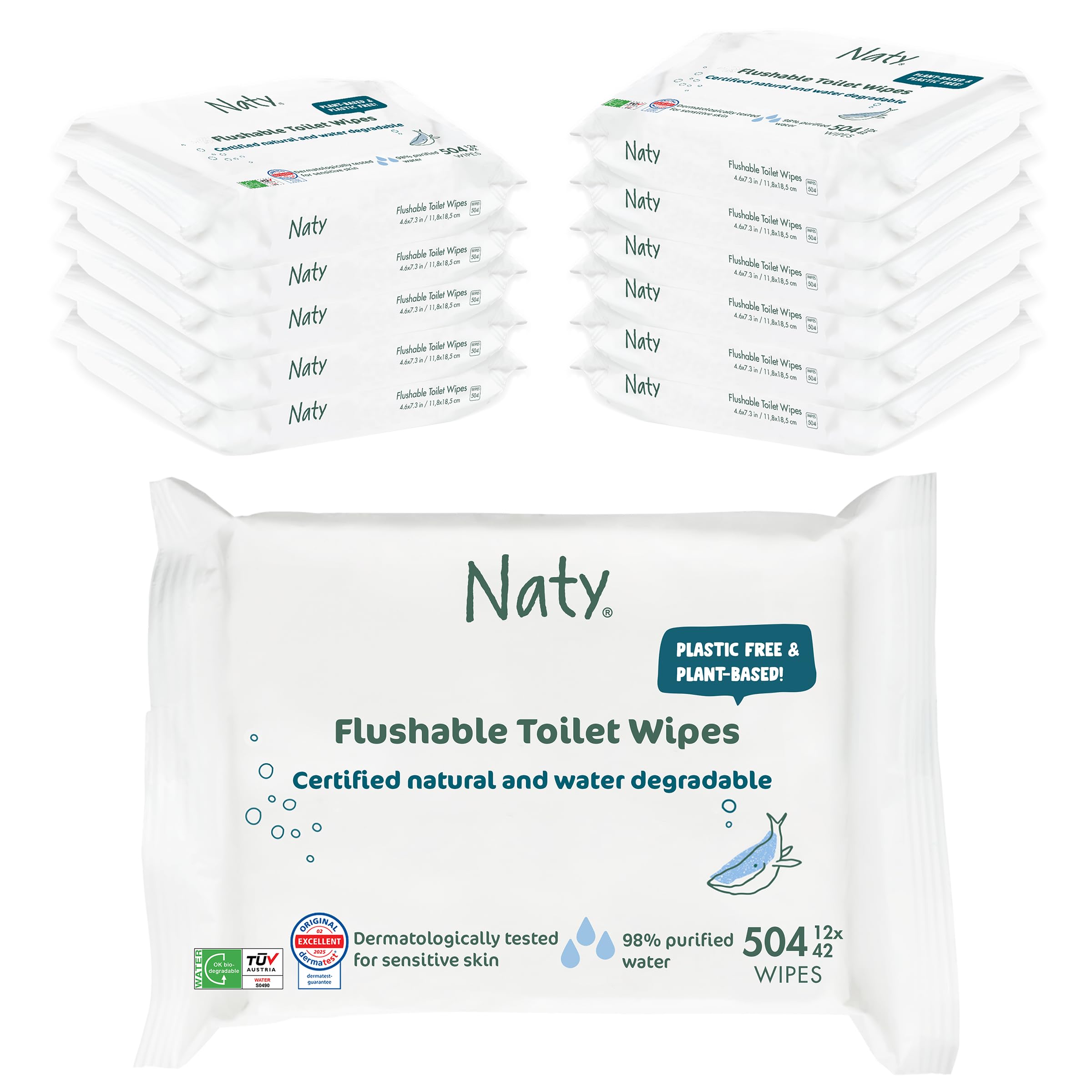 Eco by Naty Flushable Baby Wipes - Compostable and Plant-Based Wipes, Chemical-Free and Hypoallergenic Baby Wipes Safe for Baby Sensitive Skin, 42 Wipes Per Pack (12 Pk)