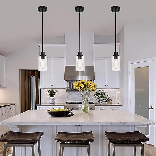 Miniatura 2 de MELUCEE Iluminación colgante de isla de cocina, paquete de 3 lámparas de techo ajustables negras con pantalla de vidrio transparente para bar,