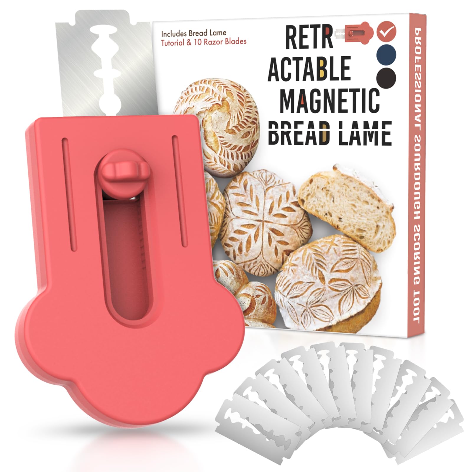 MEKERBread Lame, Upgraded Magnetic Dough Scoring Tool with 10 Razor Blades for Sourdough Bread Baking & Making, Includes Scoring Patterns Booklet, Red