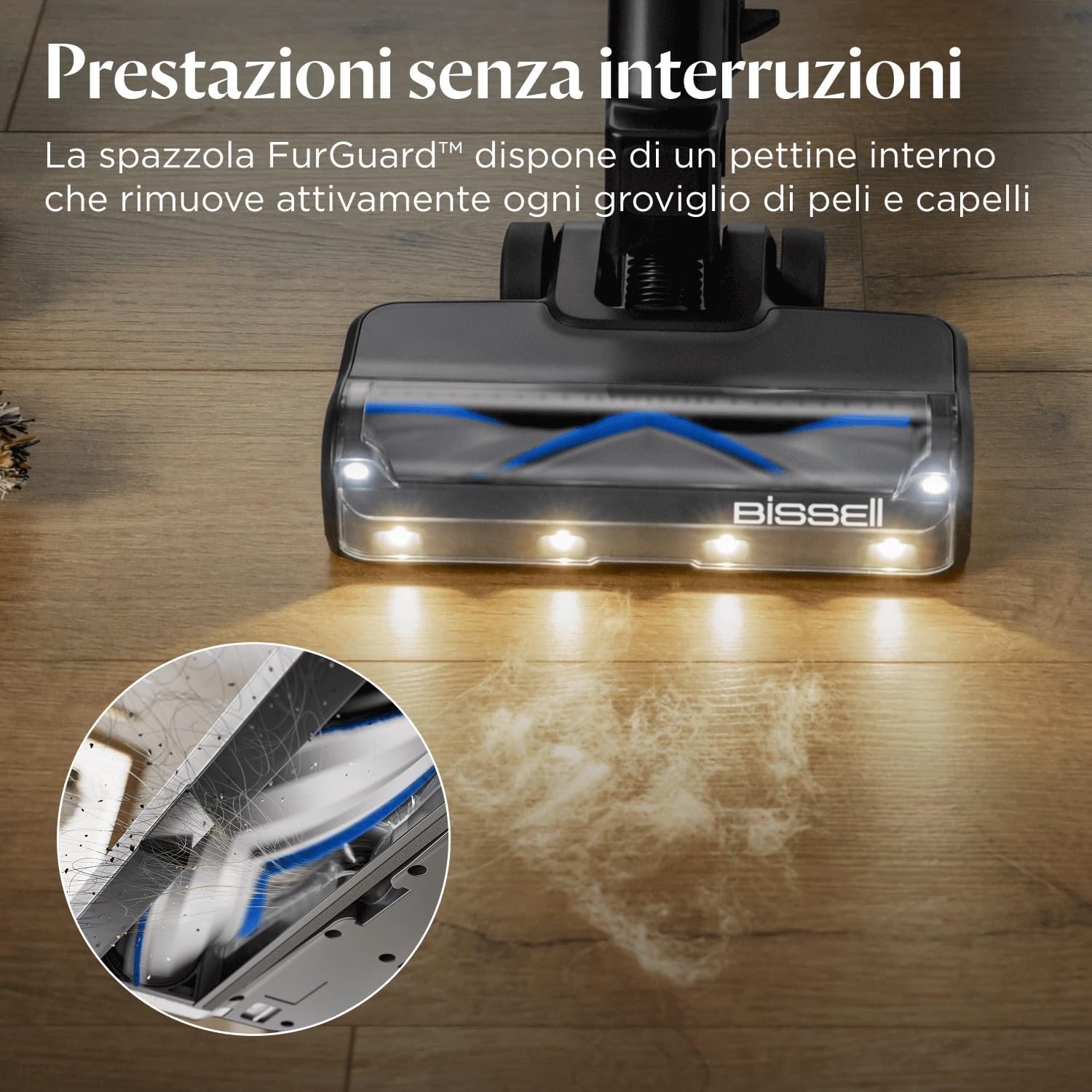 Bissell PowerClean FurGuard, Aspirapolvere Senza Fili, Motore da 280W, Spazzola a rullo Autopulente, Faretti FurFinder, Scopa Elettrica, Autoportante, Filtro HEPA, 2500 mAh Batteria Rimovibile, 4091N