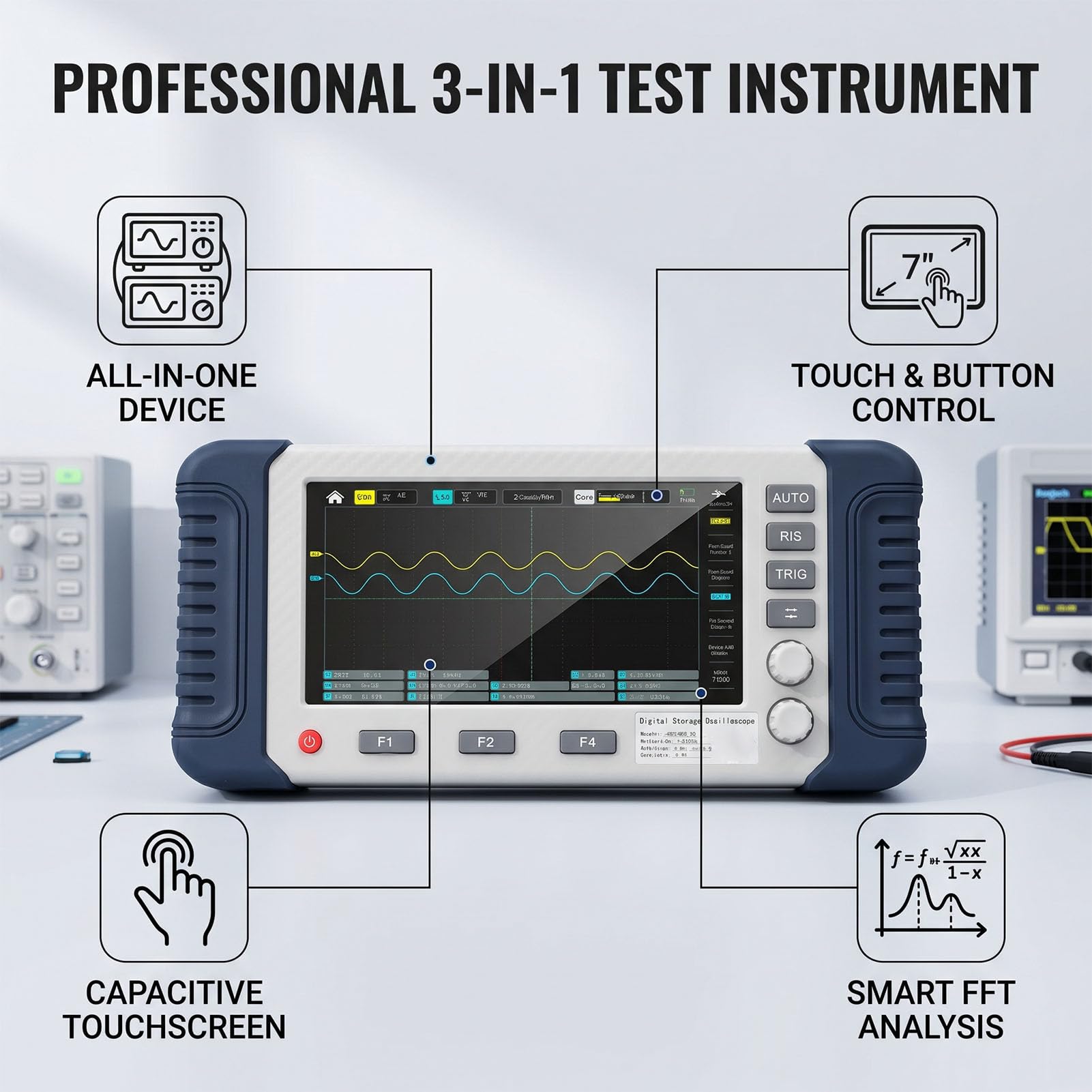 Handheld-Oszilloskop, 100MHz Bandbreite 1GSa/s Multimeter mit Frequenzgenerator für Signalanalyse Oszilloskop für Automobilwerkstätten und Elektroniklaboratorien