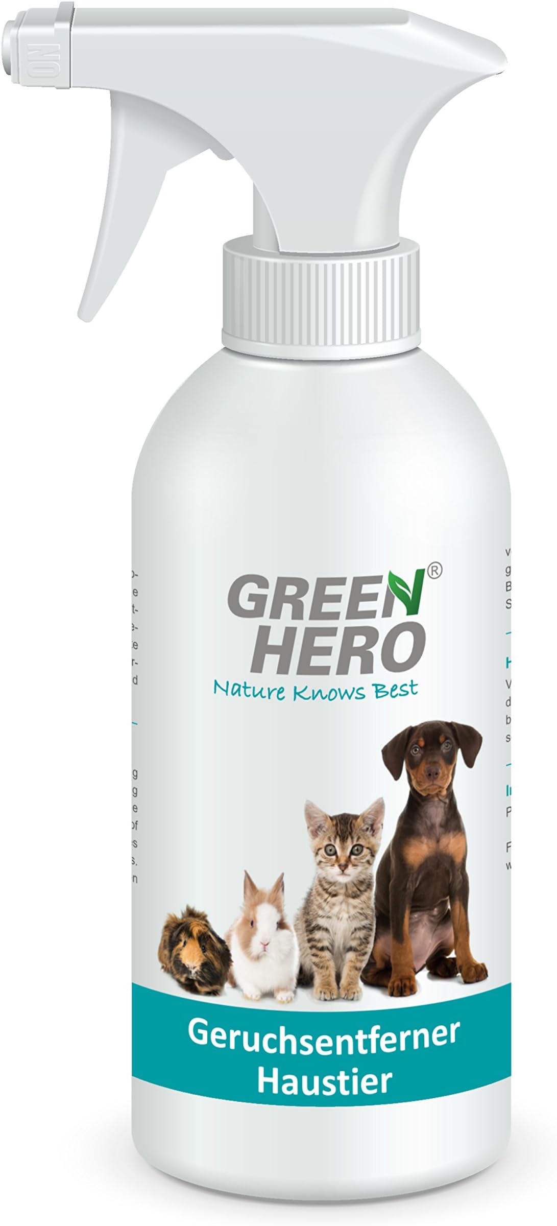 Green Hero, odour remover pet spray, for cats, dogs and rodents, 100 % natural odour cleaning by enzymes or micro-organisms, against organic odours, urine, animal odour, vomit etc., skin-friendly, fragrance-free