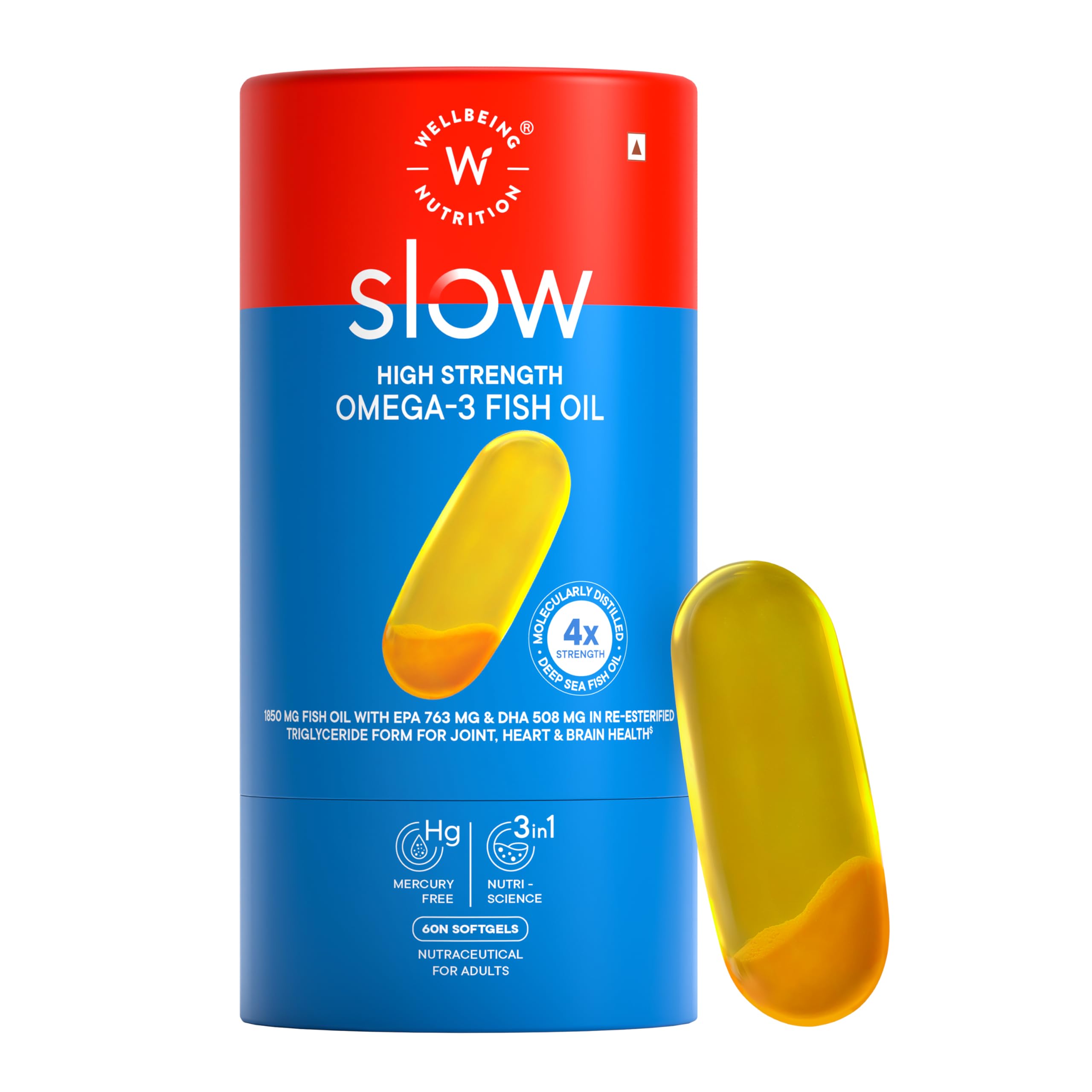 WELLBEING NUTRITION Slow 4X Strength Omega 3 Fish Oil Capsules | 1850mg with EPA 720mg, DHA 500mg & Curcumin | Supports Heart, Brain & Joint Health| 60 Softgel