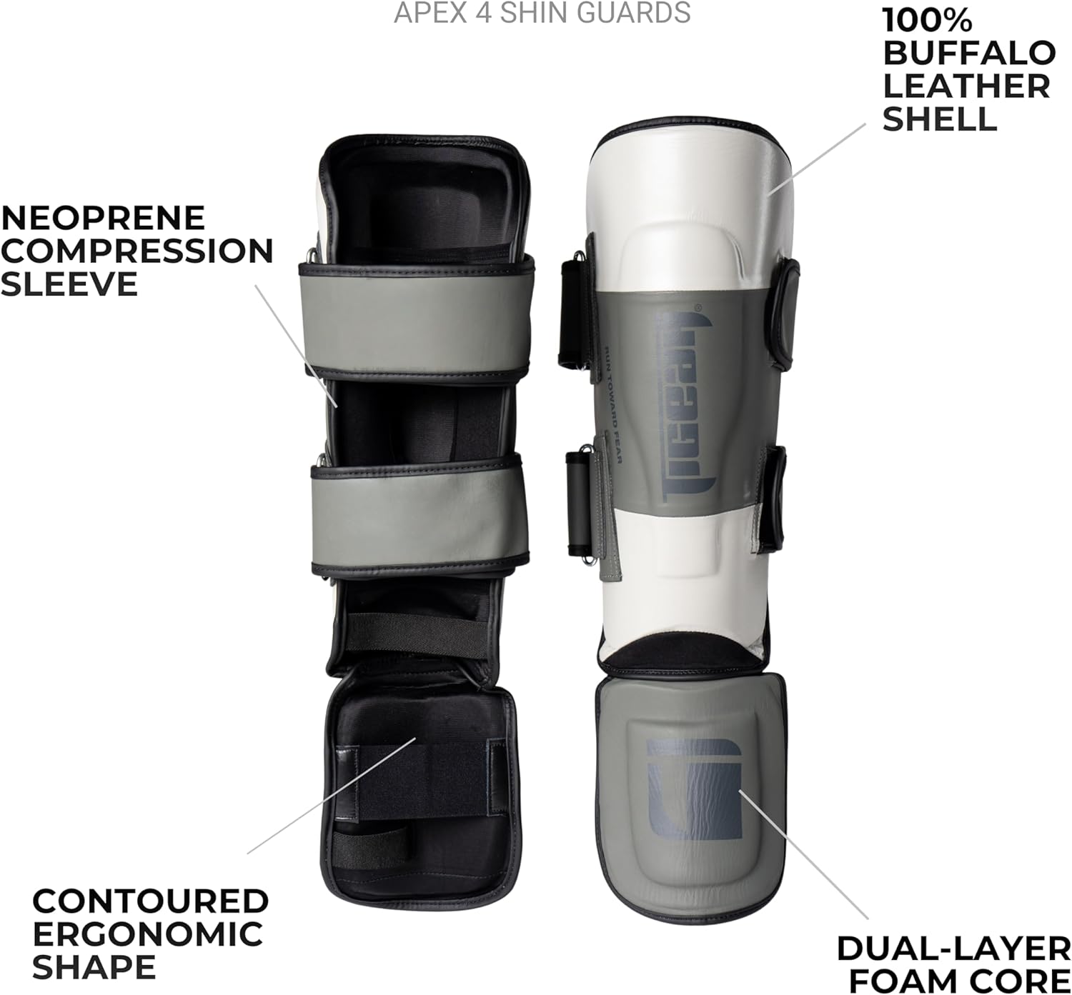Tigear APEX4 Martial Arts Shin Guards - Steel Mirage | Premium Muay Thai, MMA, Kickboxing & Sparring | 100% Buffalo Leather
