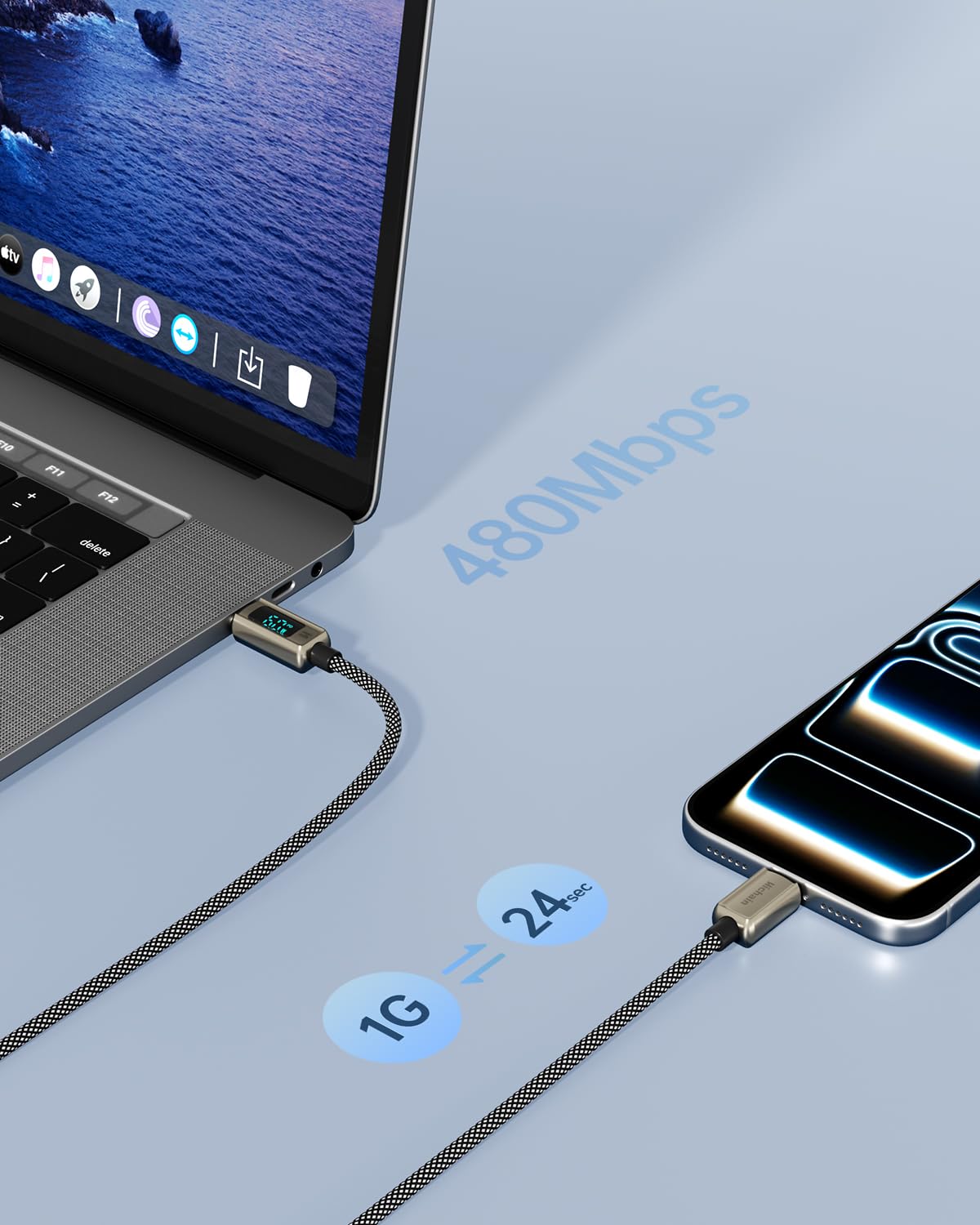 Hichain Cable USB C de carga rápida tipo C de 4 pies con pantalla LED, aleación de zinc plateado y nailon trenzado USB C a USB C para iPhone 17/16/15, MacBook, iPad Pro, Galaxy S24/S23