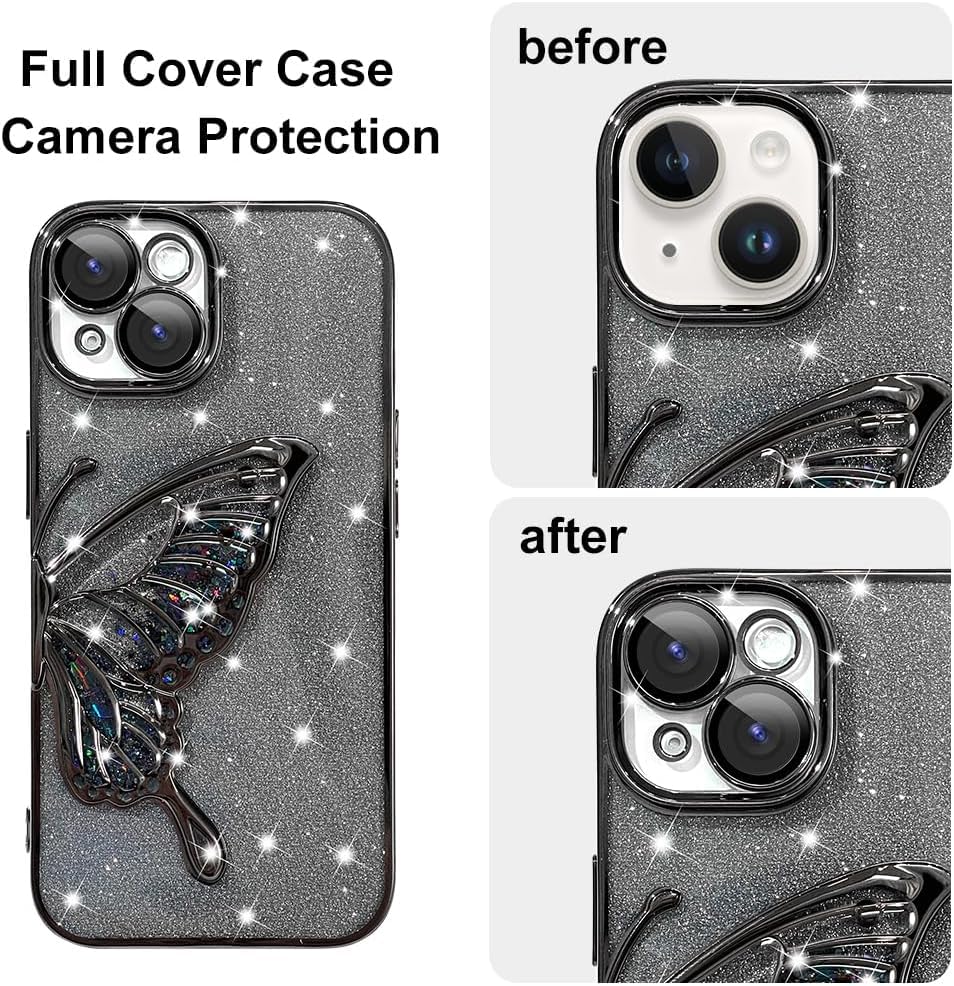 Image of SHINESTAR 3D Butterfly Case for iPhone 14, Cute Girly Glitter Bling Luxury Back Cover for Women Girls Protective Shockproof Slim Camera Protection (for iPhone 14 - Black