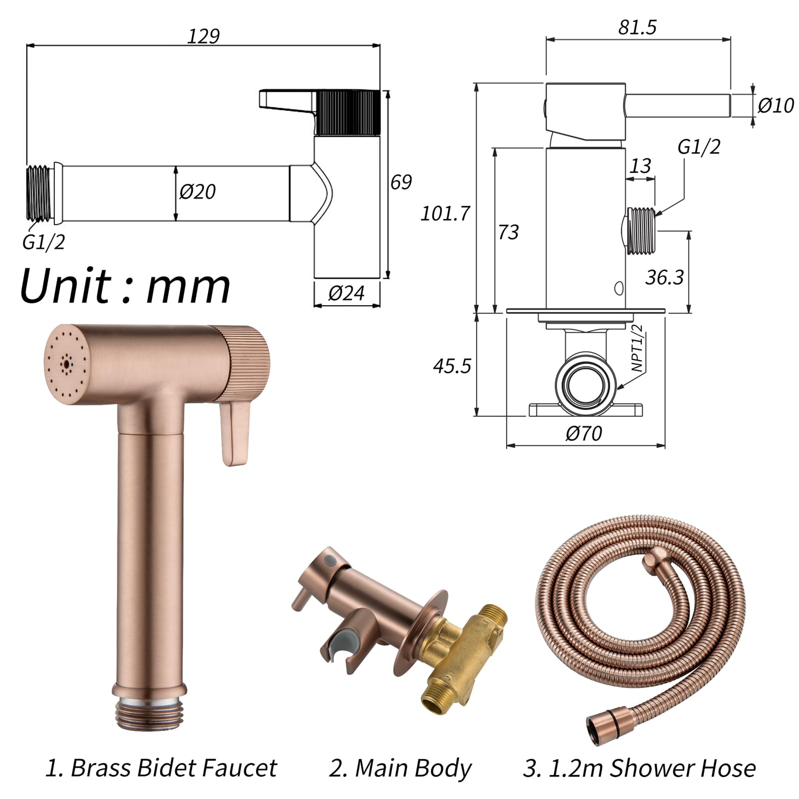 Ducha Bidet para Wc, 2 Modos Ducha Higienica para Wc Bidet, Agua Fría y Caliente Latón Grifo Portatil para baño Kit, para La Higiene Personal Diaria (Oro rosa)