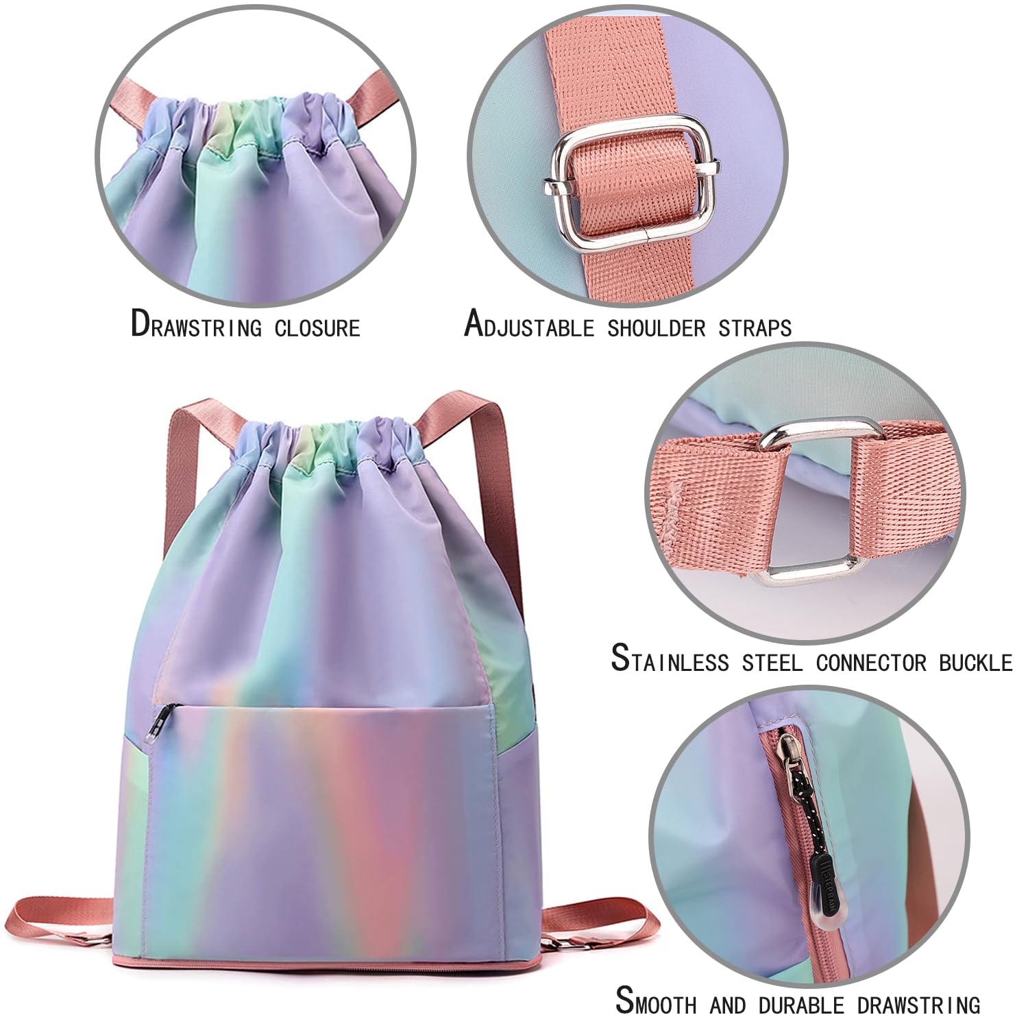 Sac à Dos Cordon Grand Imperméable ， Sac de Sport Femme/Homme Multifonction pour Piscine, Gym, Shopping, Voyage ， Sac à Dos Léger Pliable avec Poches Multiples ， 43x32x16cm