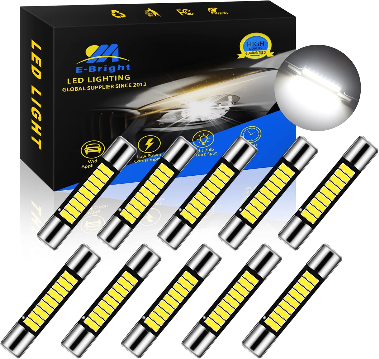 YM E-Bright LED Mirror Fuse Sun Visor 6641 White 4014 9-SMD 12V Festoon Dome Light LED Bulbs(pack of 10) (31MM)