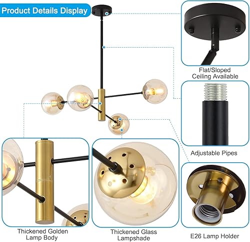 Miniatura 4 de Candelabro Sputnik con 4 luces de globo de cristal, lámpara de comedor con pantalla ámbar, lámpara de mediados de siglo, lámpara de techo clásica