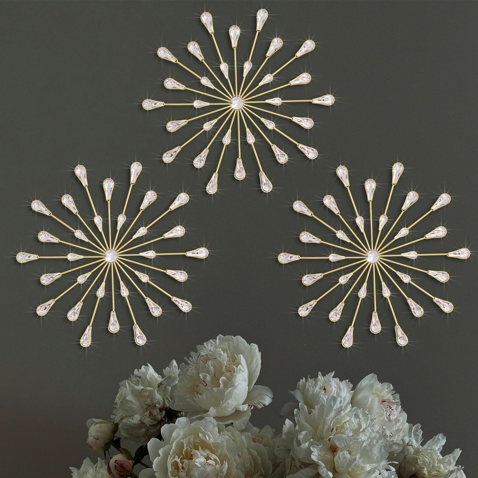 ZEXUIRU 3 Set Gold Metal Jeweled Wall Art Bling Crystal Home Décor Rhinestone Sun Star Wall Hanging Diamond Accents 13.5 * 13.5inch