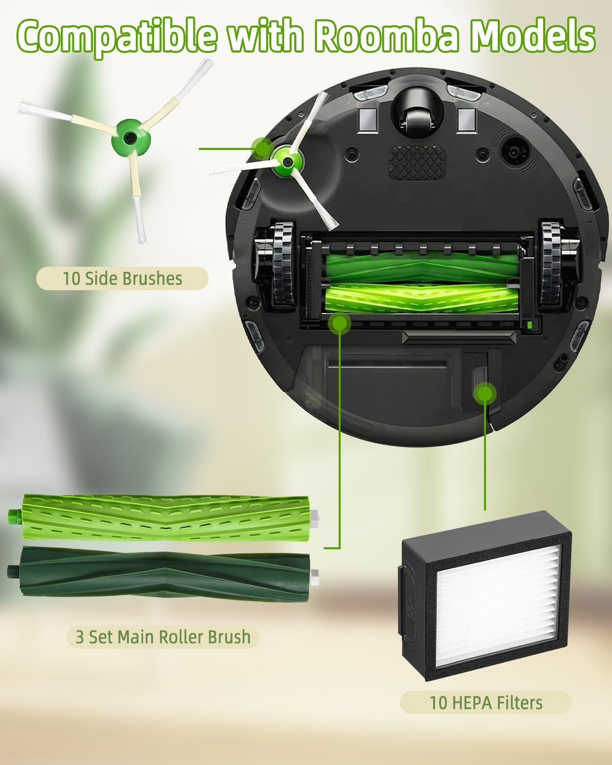 Zestaw akcesoriów części zamienne do iRobot Roomba i7 i7+ i3 i3+ i4 i4+ j7 j7+ i8 i8+ odkurzacz, akcesoria szczotki, 3 zestawy gumowych szczotek, 10 wydajnych filtrów, 10 szczotek bocznych
