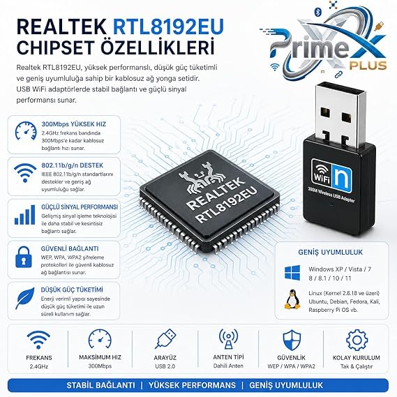 PrimeX PX-WF3 Realtek RTL8192EU 300Mbps USB WiFi Adaptör, 2.4GHz 802.11n Wireless Dongle, USB Kablosuz Ağ Alıcı, PC Laptop Notebook Mini PC İçin WiFi Aparatı, Windows 11/10 ve Linux Tak Çalıştır