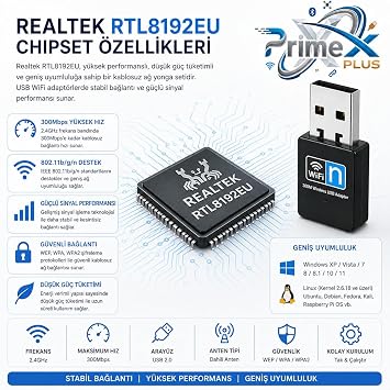 PrimeX PX-WF3 Realtek RTL8192EU 300Mbps USB WiFi Adaptör, 2.4GHz 802.11n Wireless Dongle, USB Kablosuz Ağ Alıcı, PC Laptop Notebook Mini PC İçin WiFi Aparatı, Windows 11/10 ve Linux Tak Çalıştır