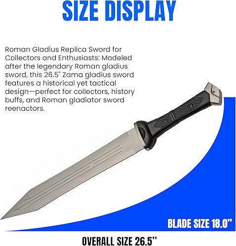Miniatura 3 de BTX Zama Gladius Sword - Réplica de espada romana Gladius de espiga completa de 26.5 pulgadas con hoja de acero al carbono 1060, mango TPR y funda
