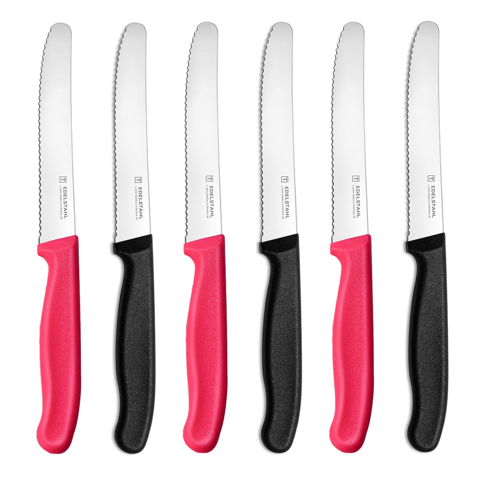 targzier Frühstücksmesser 6 Stück, Edelstahl Tafelmesser,Langlebiges Brötchenmesser,Kunststoffgriff Tomatenmesser Wellenschlif,Bunte Brotzeitmesser,Scharfe Messer,Schwarz und Pink Schneidemesser