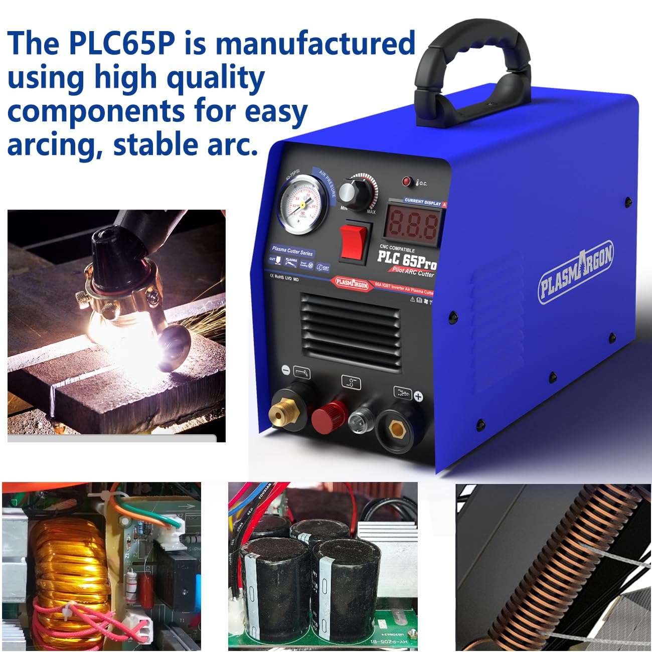 Pilot Arc Plasma Cutter PLC65P 65A Máquina de corte de plasma Dula Voltaje 110/220V Tecnología IGBT Cortador de plasma no táctil P80 Touch 3/5 Clean Cut