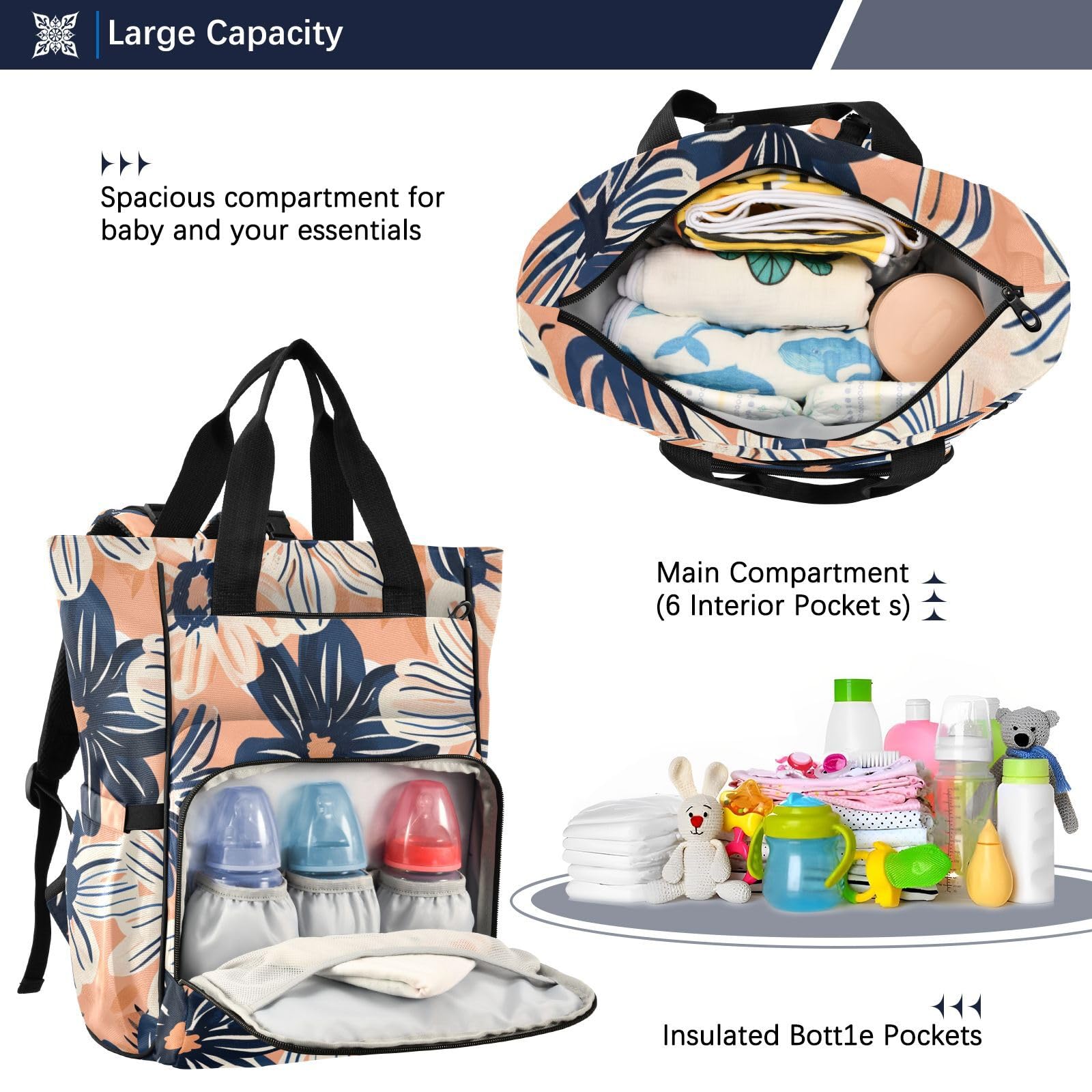 Borsa per pannolini per la mamma con fiori color pesca e blu navy