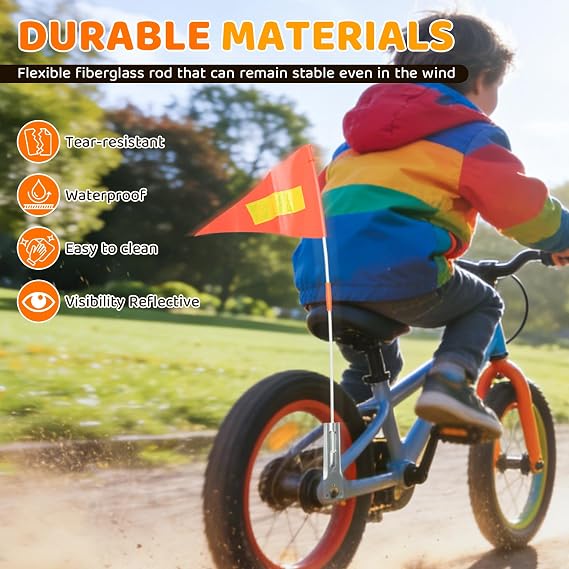 2 Pcs Bike Safety Flag, Bicycle Flag Kids with Adjustable Flag Pole, Orange Reflective Bike Trailer Flag High Visibility Warning Flags for Children and Adults Outdoor Cycling