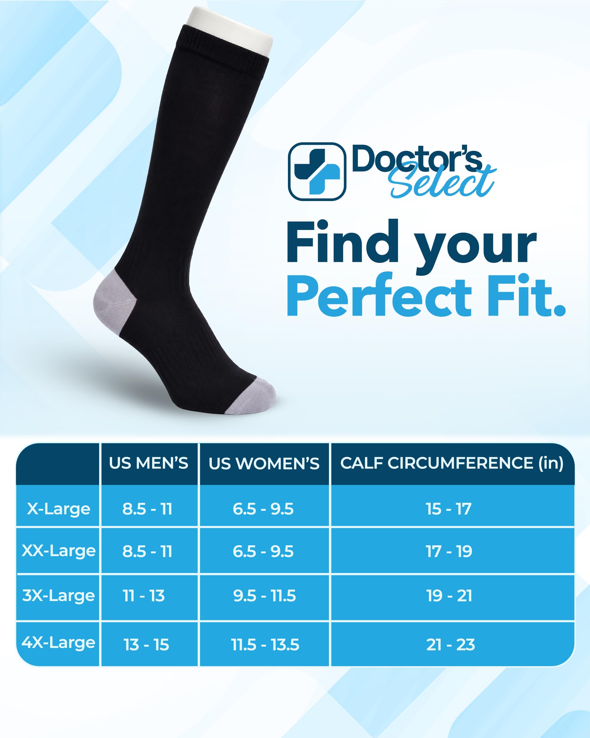 Doctor's Select 3 pares de calcetines de compresión de talla grande, pantorrilla ancha, viscosa de bambú, hasta la rodilla, soporte de circulación, Negro/Gris/Azul marino, XX-Large