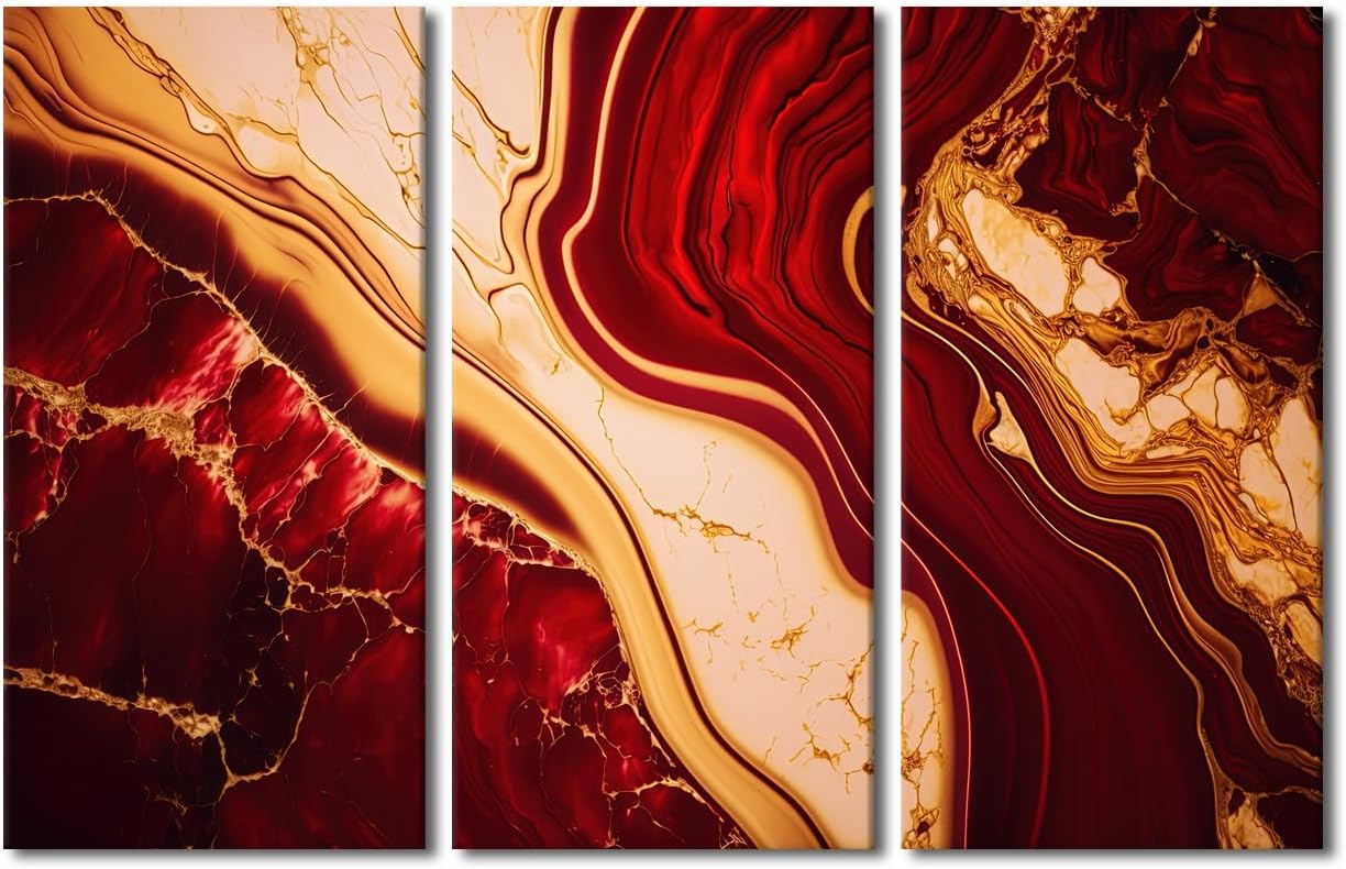 3 Pieces Abstract Canvas Wall Art for Living Room Bedroom Large Wall Art Modern Artwork Red and Gold Print Picture for Home Office Decoration Framed Stretched Ready to Hang 60x40 in