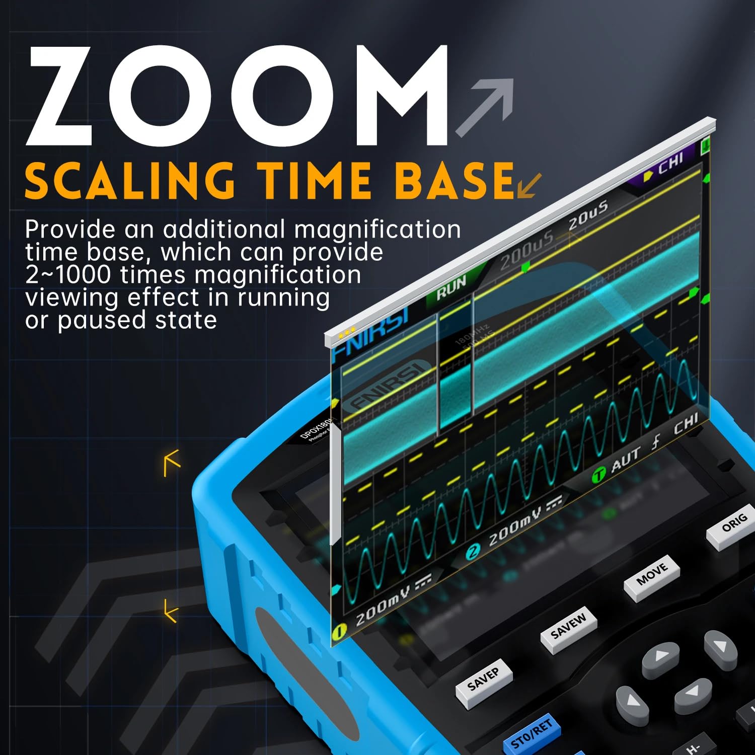 FNIRSI DPOX180H Handheld Dual Channel Digital Oscilloscope 180MHz-3DB 2 In 1 Function Signal Generator Fluorescence Display ZOOM